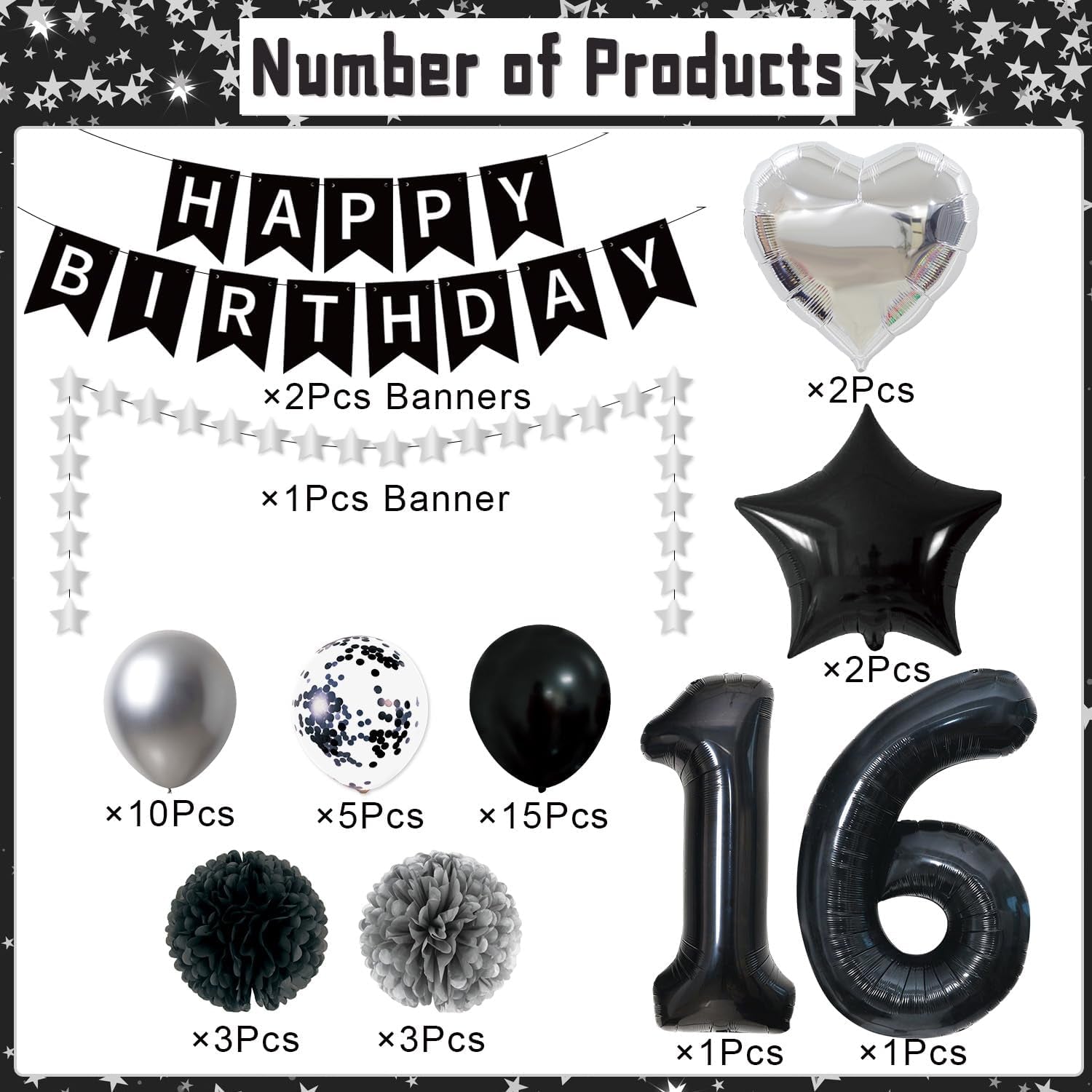 16Th Birthday Decorations Boys Girls - 45PCS Black Silver 16Th Bday Balloons Decorations Set Happy Birthday Banner and Foil Star Balloons Supplies