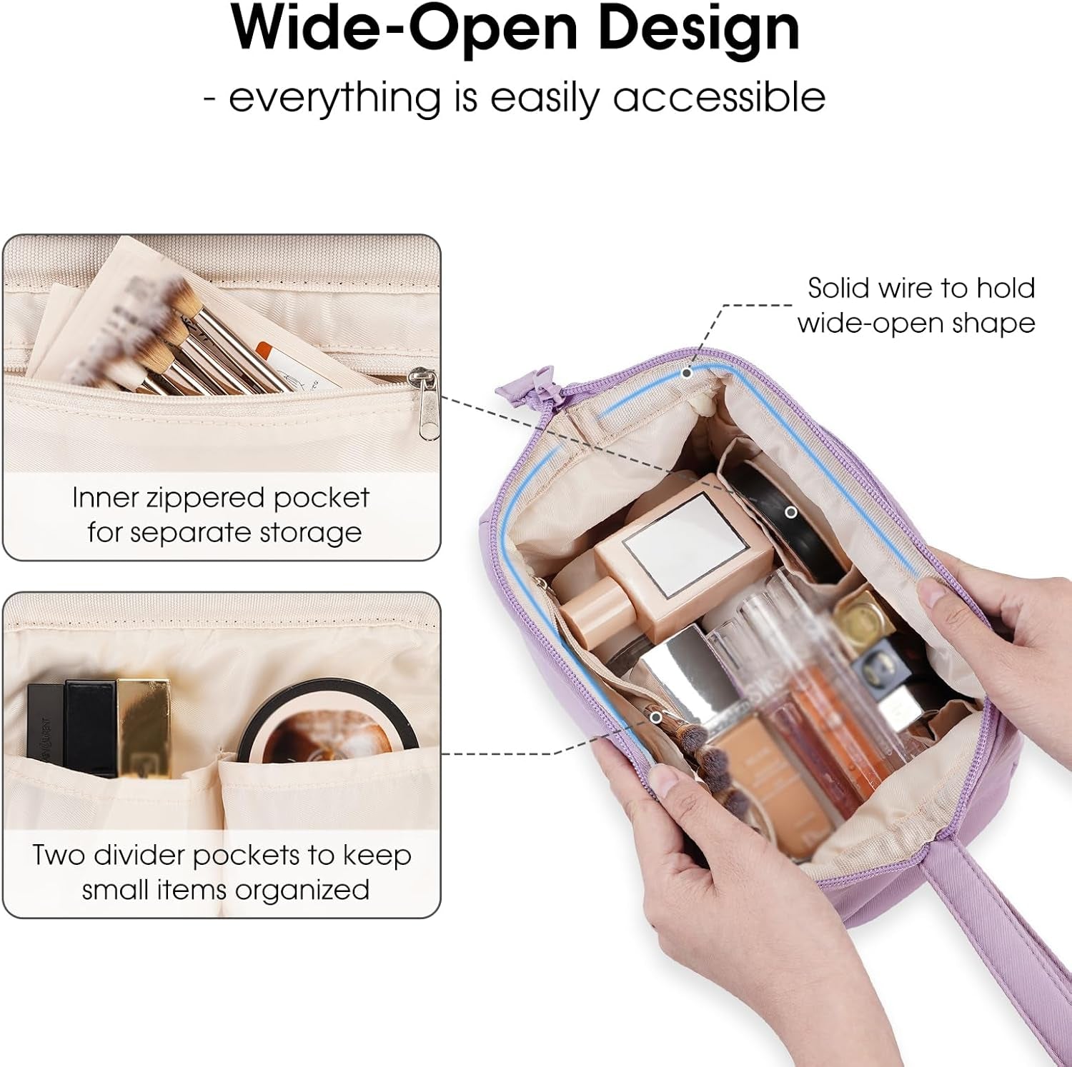 Large Makeup Bag Wide-Open Zipper Pouch Travel Wash Bag Toiletry Bag Cosmetic Organizer for Women (Purple)