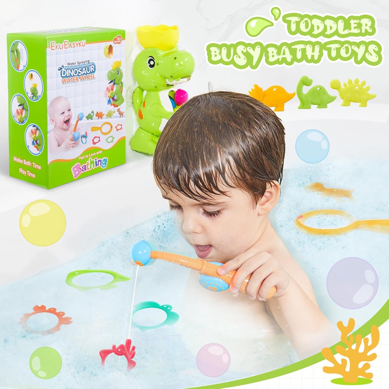 EKUEASYKU Dinosaur Bath Toys for Kids Ages 1-3 2-4 4-8 Toddler Bath Toys Whirling Waterfall Water Toys Fishing Games Bathtub Bath Time Tub Toys Girls Boys Color Movement Learning