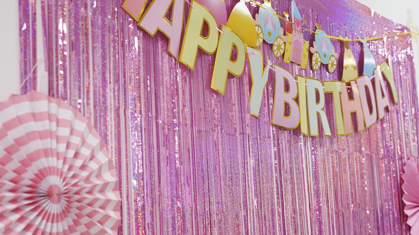 Pink Foil Fringe Curtain Backdrop, Sparkle Tinsel Metallic Curtains for Girls Birthday Party Wedding Photo Backdrop Christmas Hen Disco Party Decorations (2Pack, 1X2.5M)