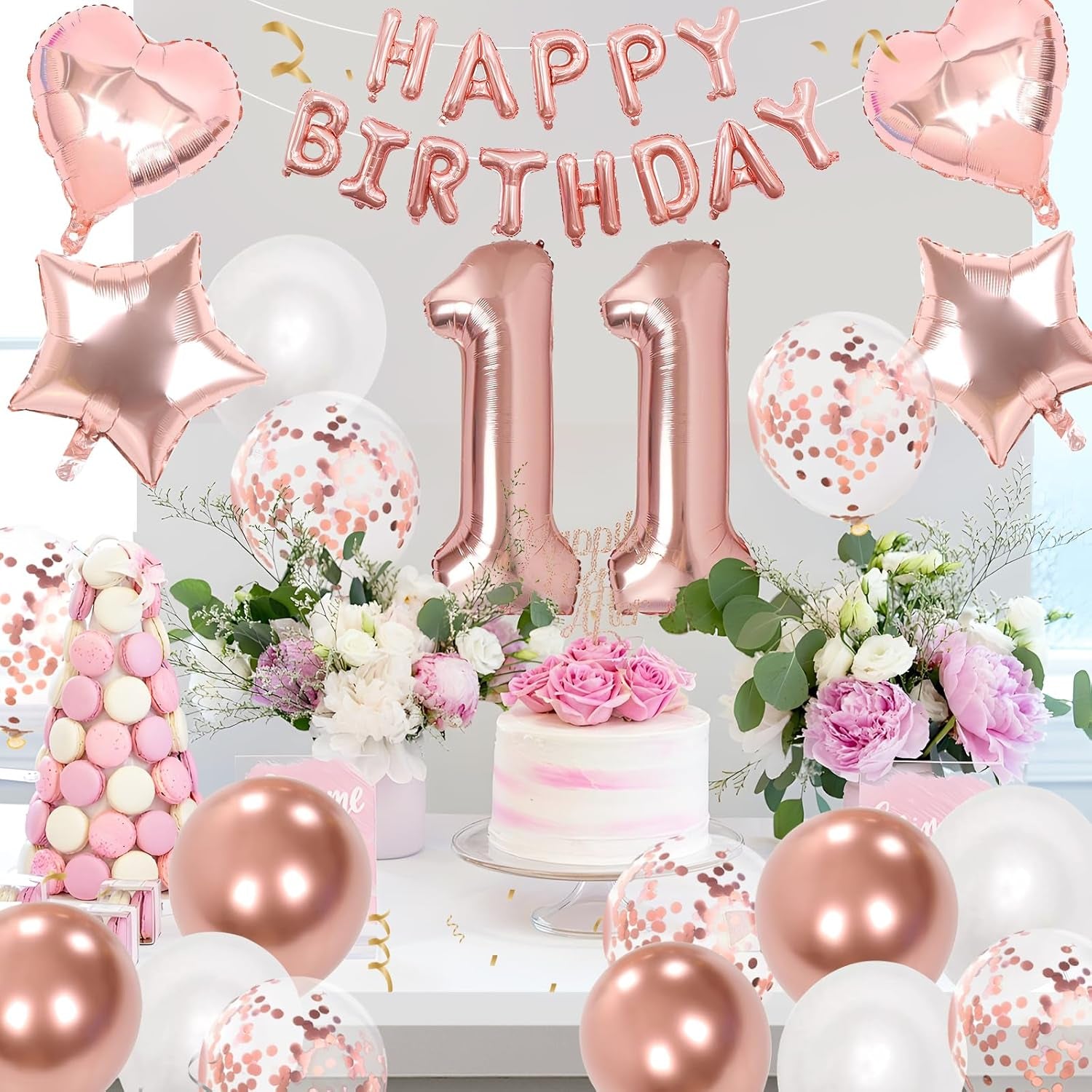 11Th Birthday Decorations for Girls, Rose Gold 11Th Birthday Decorations, Rose Gold 32 Inch Number 11 Foil Balloon with Banner, Star Confetti Balloon for 11 Party Deko