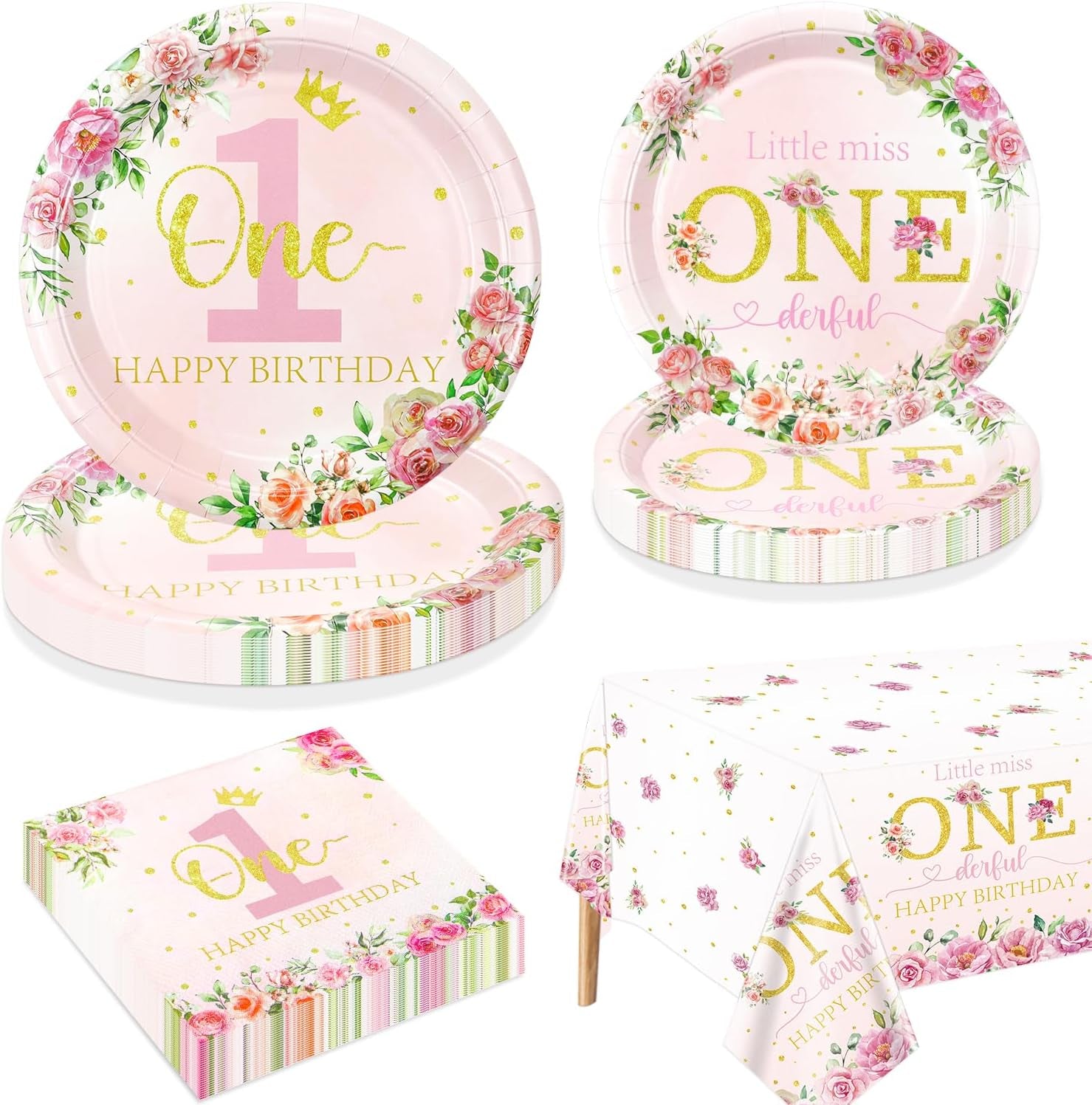 Floral 1St Birthday Party Decorations for 20 Guests, Include Little Miss Onederful Paper Plates, Happy 1St Birthday Tablecloth, Napkins, 1St Birthday Supplies for Girls First Birthday Party Decor