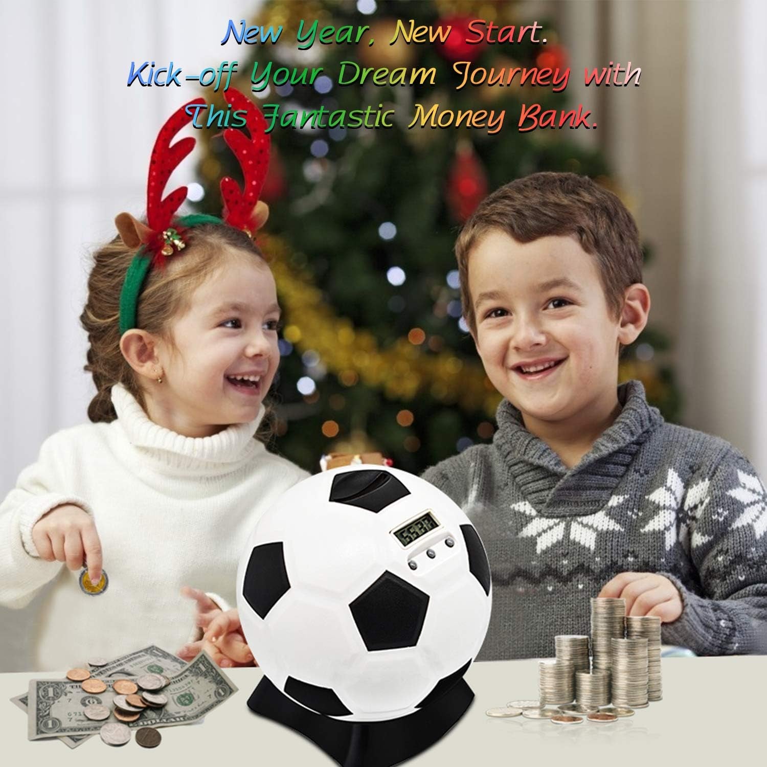 Digital Counting Box with Counter Football Piggy Bank Large for Children Early Education Box Large with Automatic LCD Display Balck White