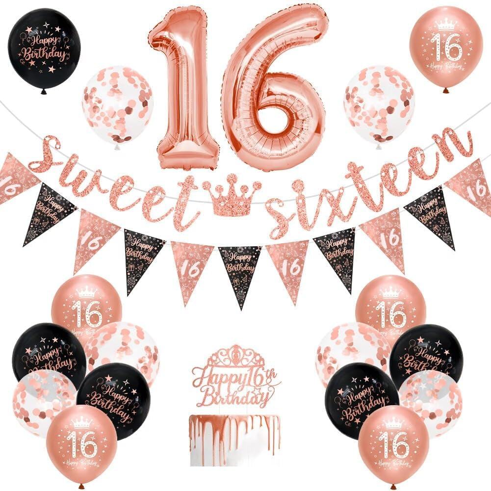 Girls 16Th Birthday Decorations Black Rose Gold Sweet Sixteen Birthday Decorations 16 Pack Girls by