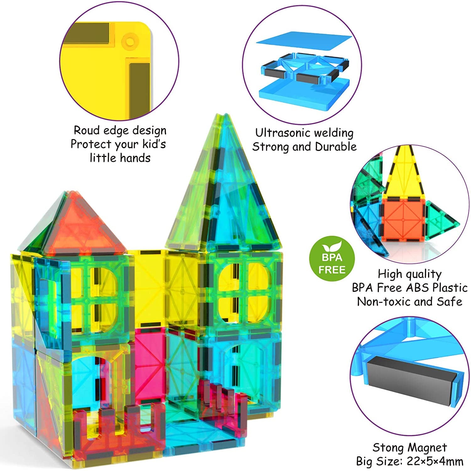 65Pcs Magnetic Tiles Building Blocks Set for Boys Girls Preschool Educational Magnet Construction Kit Stacking STEM Toys Christmas Birthday Gift for Kids Toddler 3 4 5 6 7 8 9 10 + Year Old