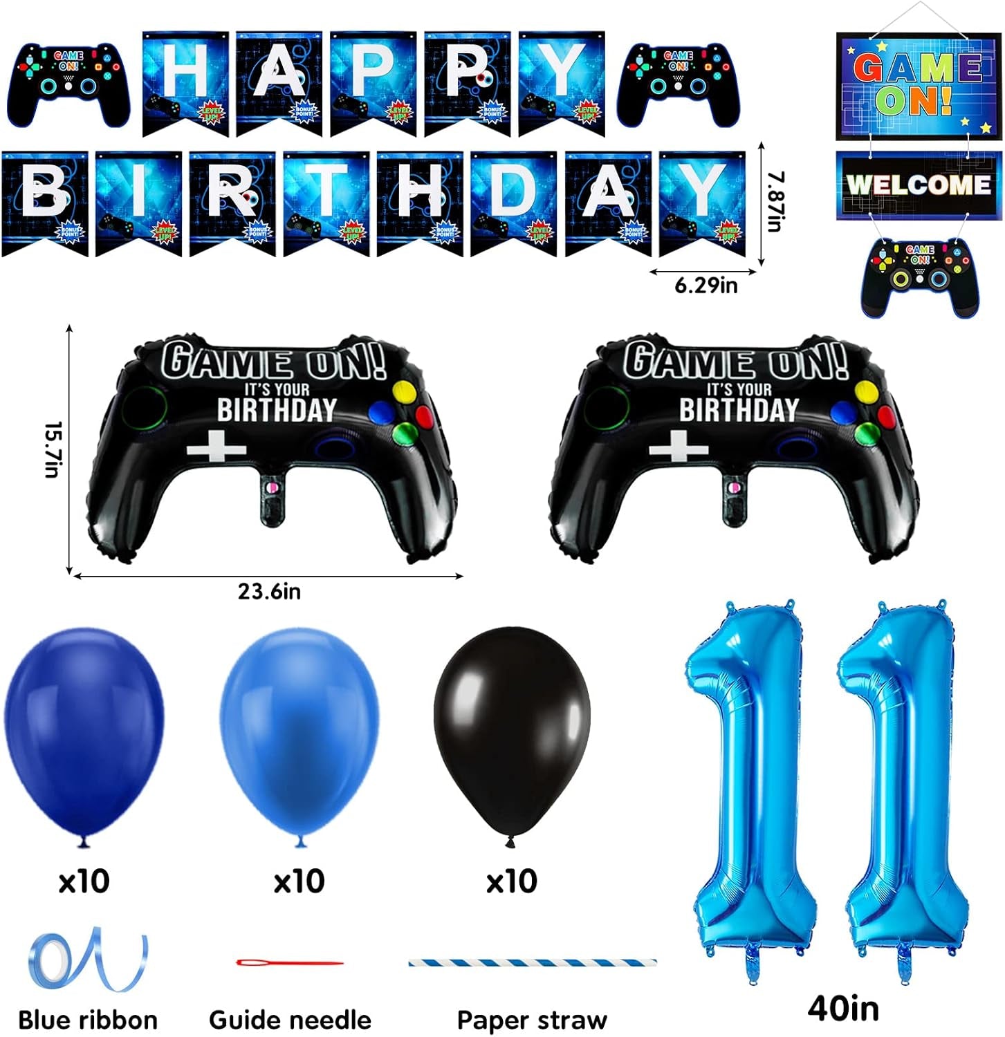 11Th Birthday Decorations for Boys, Gaming Party Decorations Supplies Set, Controller Balloons and Blue Black Balloons, HAPPY BIRTHDAY GAME on WELCOME Hanging Banner for Boys
