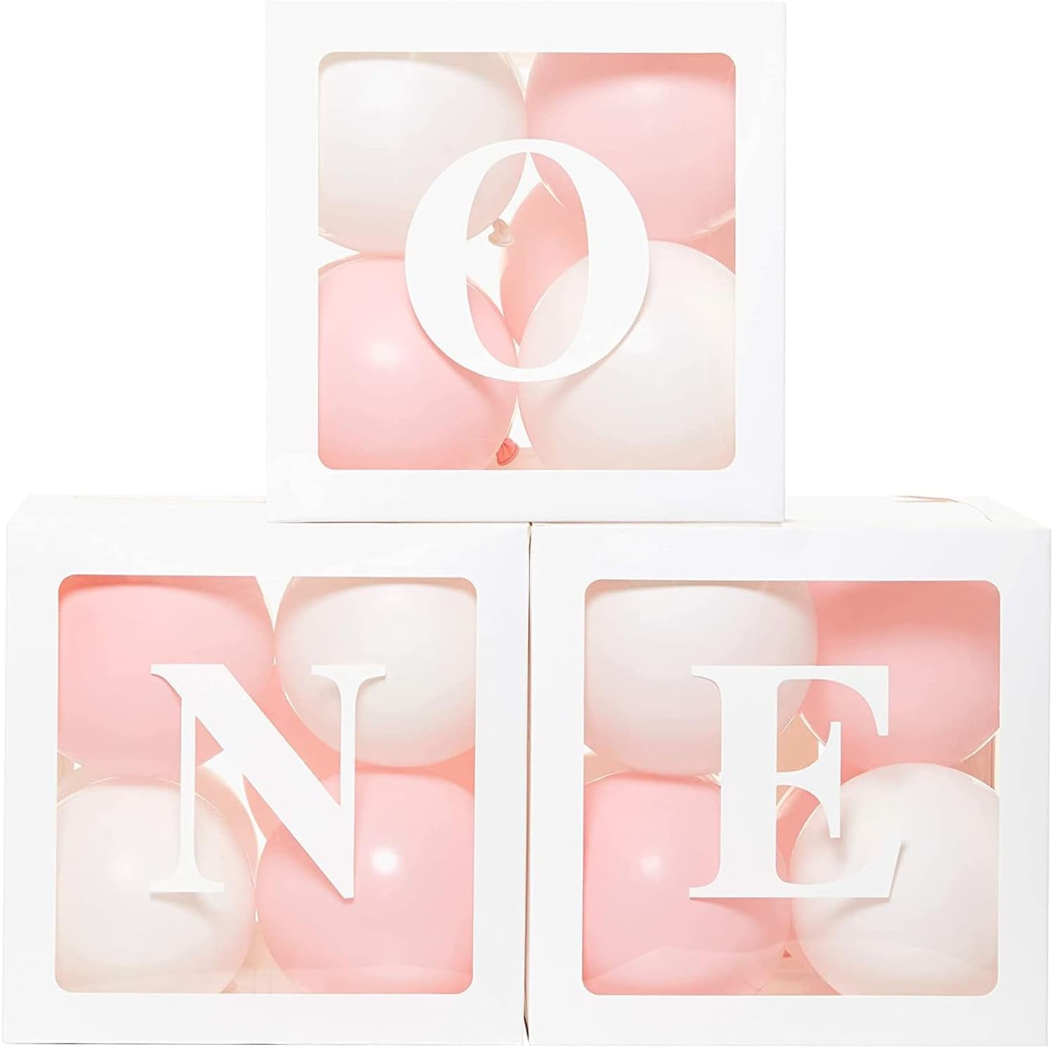 1St Birthday Party Decoration Boxes for Boys & Girls, 3 Pcs White Balloon Boxes with ONE Letter for Baby Shower, Balloon Blocks for First Birthday Decorations