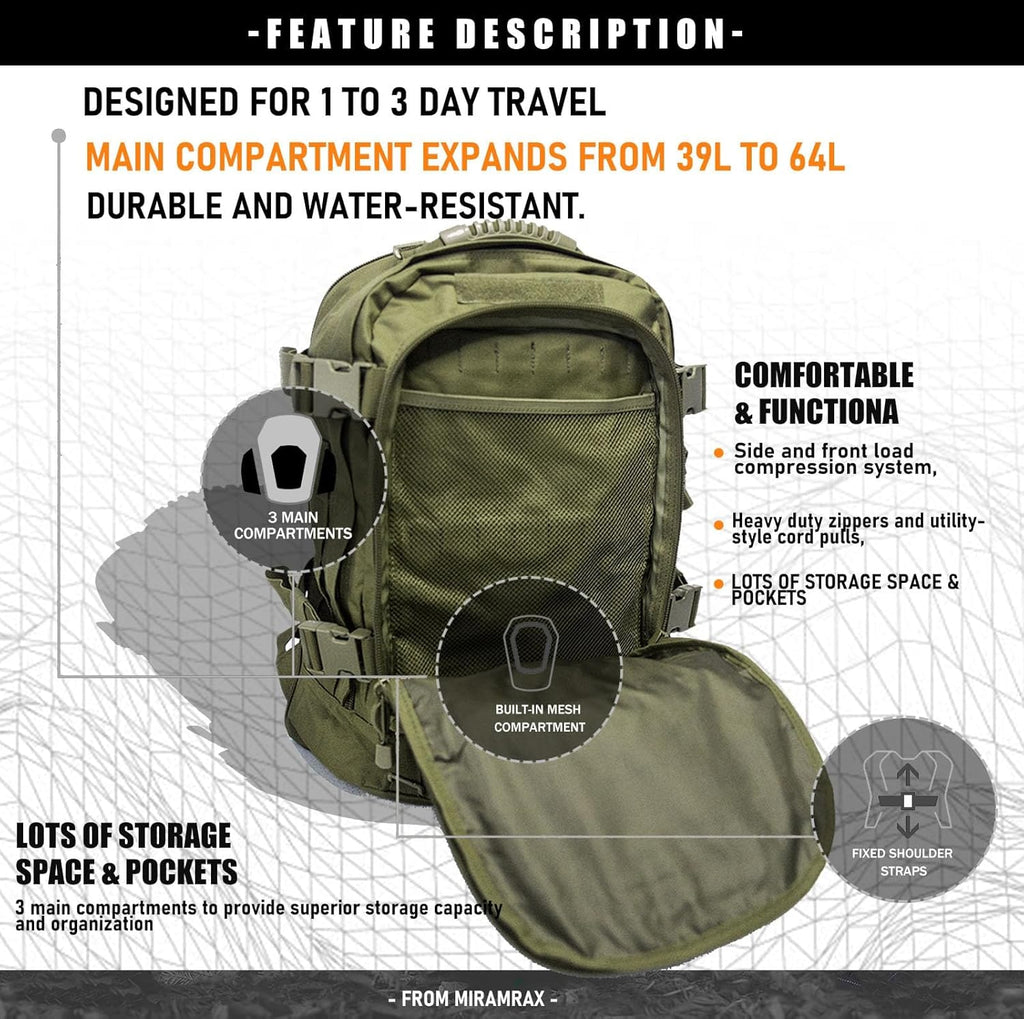 Tactical Backpack Military Hiking Daypack - Molle Backpack for Men 3 Day Assault Pack Bug Out Bag for Camping Travel Army Hunting Gym Rucksack Survival (Green)