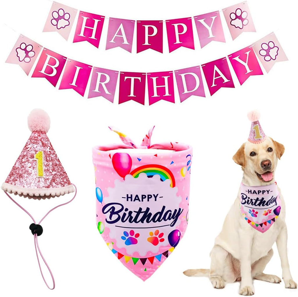Pink Dog 1St Birthday Hat Bandana Banner for Girls Small Medium Dogs Cats Soft Bibs Doggy Party Grooming Supplies Celebration Birthday Bandana Set Costumes Headwear