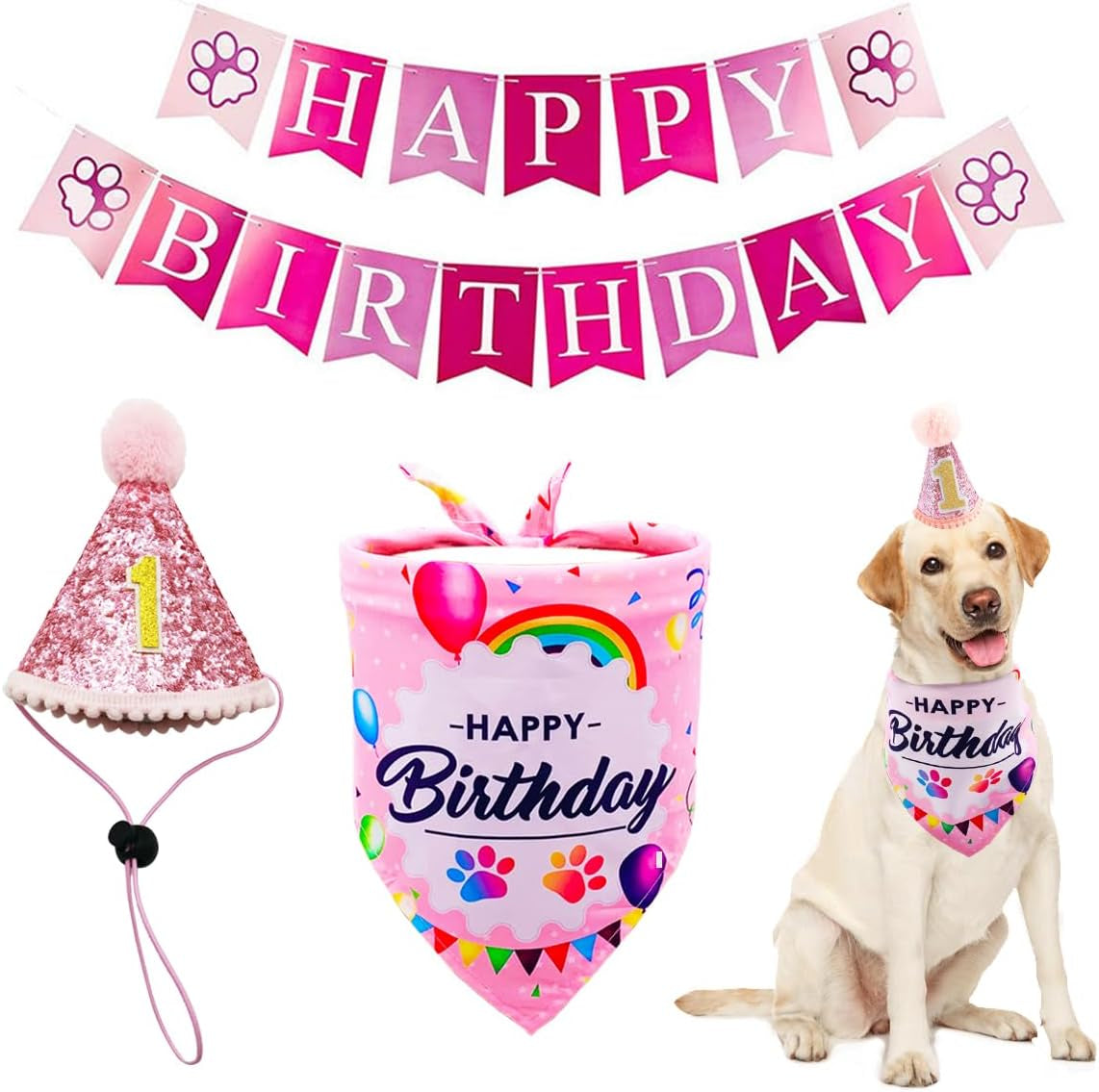 Pink Dog 1St Birthday Hat Bandana Banner for Girls Small Medium Dogs Cats Soft Bibs Doggy Party Grooming Supplies Celebration Birthday Bandana Set Costumes Headwear