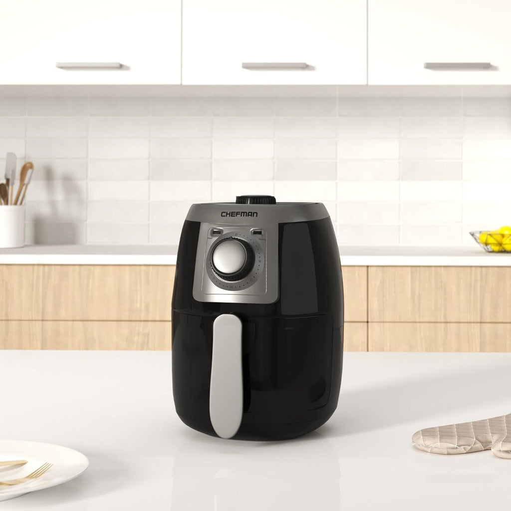 Turbofry 2-Litre Small Air Fryer, Compact Size, 1000W Power, Easy-Set 60-Minute Timer for Fast and Healthy Cooking, Uses No Oil, Nonstick Dishwasher-Safe Parts, Black