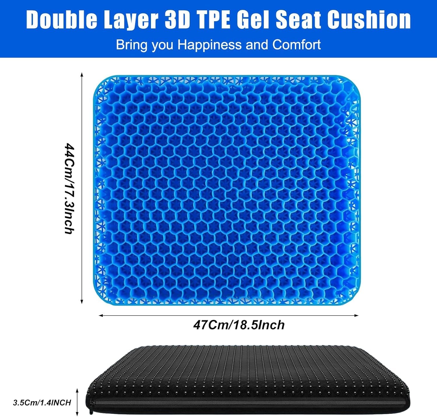 Soft Sitter Cushion,Honeycomb Double Thick Gel Seat Cushion with Anti-Slip Cushion Cover,Cooling Chair Cushion Egg Chair Cushion for Home Office Car, Wheelchair (47 X 44 Cm)
