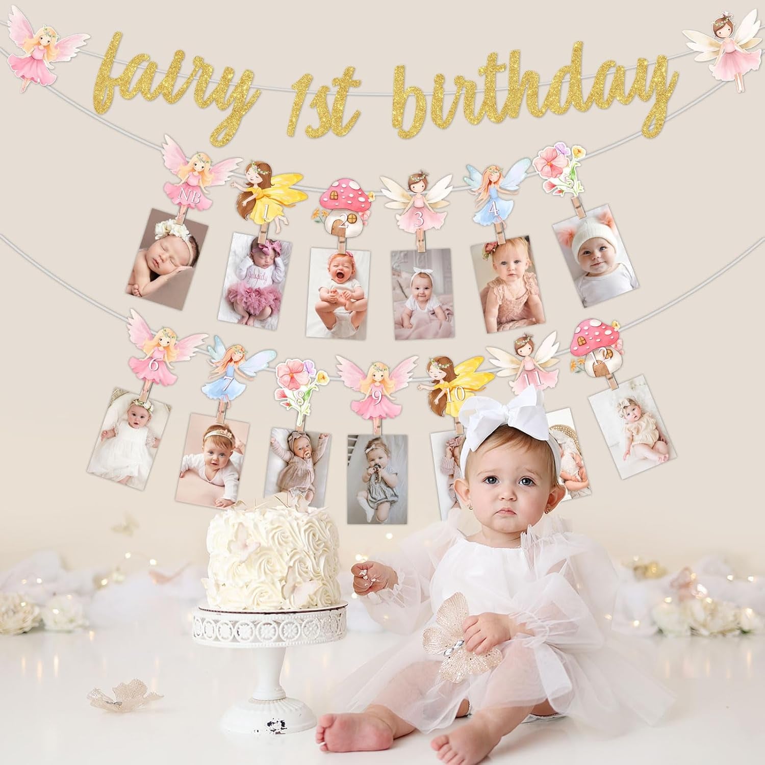 First Birthday Decorations Girl Fairy - 1St Birthday Banner, Monthly Photo Banner for Floral Fairy 1St Party Decorations, One Year Old Decorations for Baby Girl