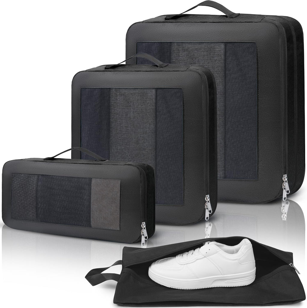 Large Compression Packing Cubes, Full Open Visible Design， Expandable Packing Organizer with Travel Shoe Bag for Suitcase & Backpack, 4 Set Lightweight Travel Bags for Vacation & Camping