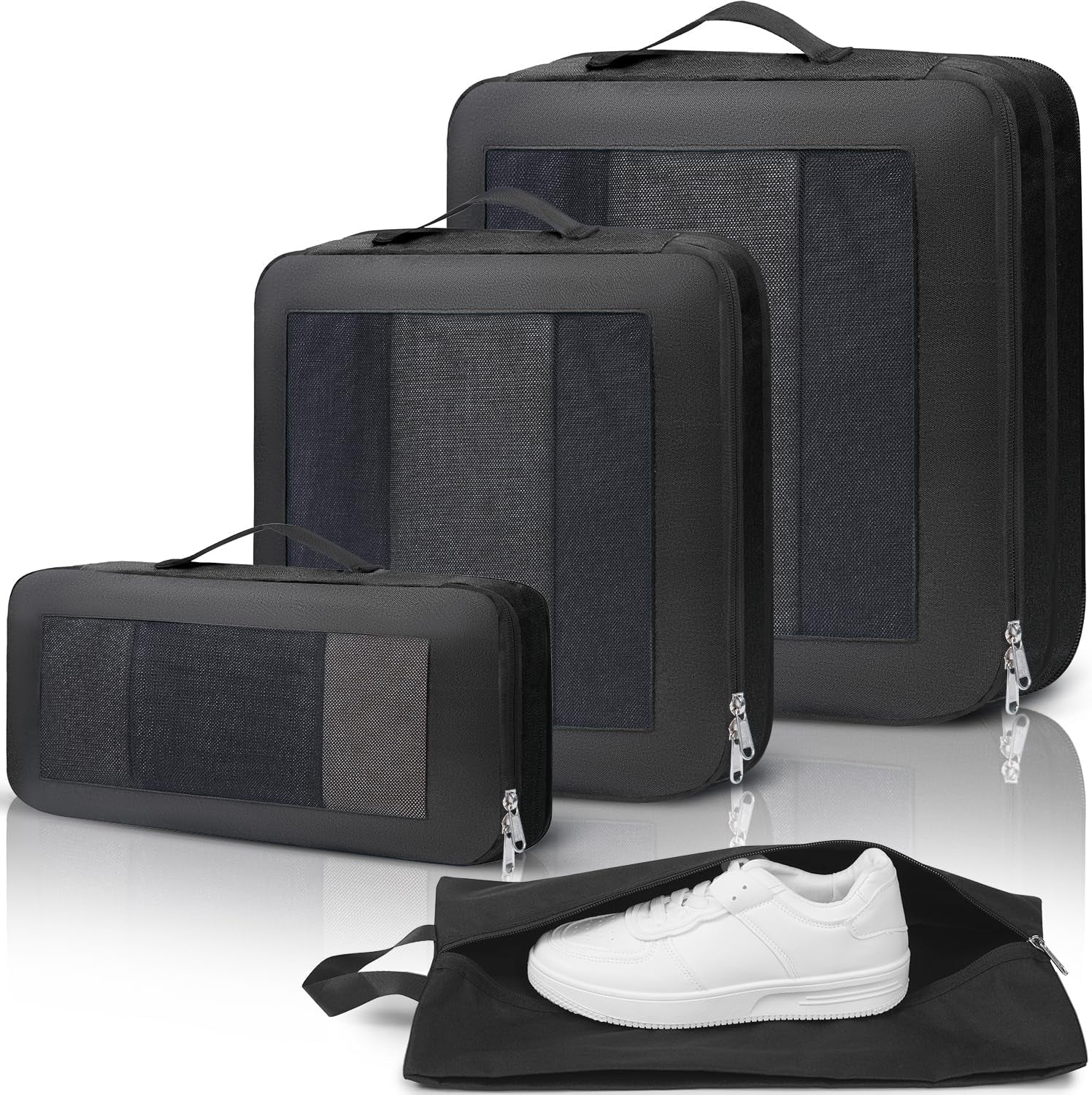 Large Compression Packing Cubes, Full Open Visible Design， Expandable Packing Organizer with Travel Shoe Bag for Suitcase & Backpack, 4 Set Lightweight Travel Bags for Vacation & Camping