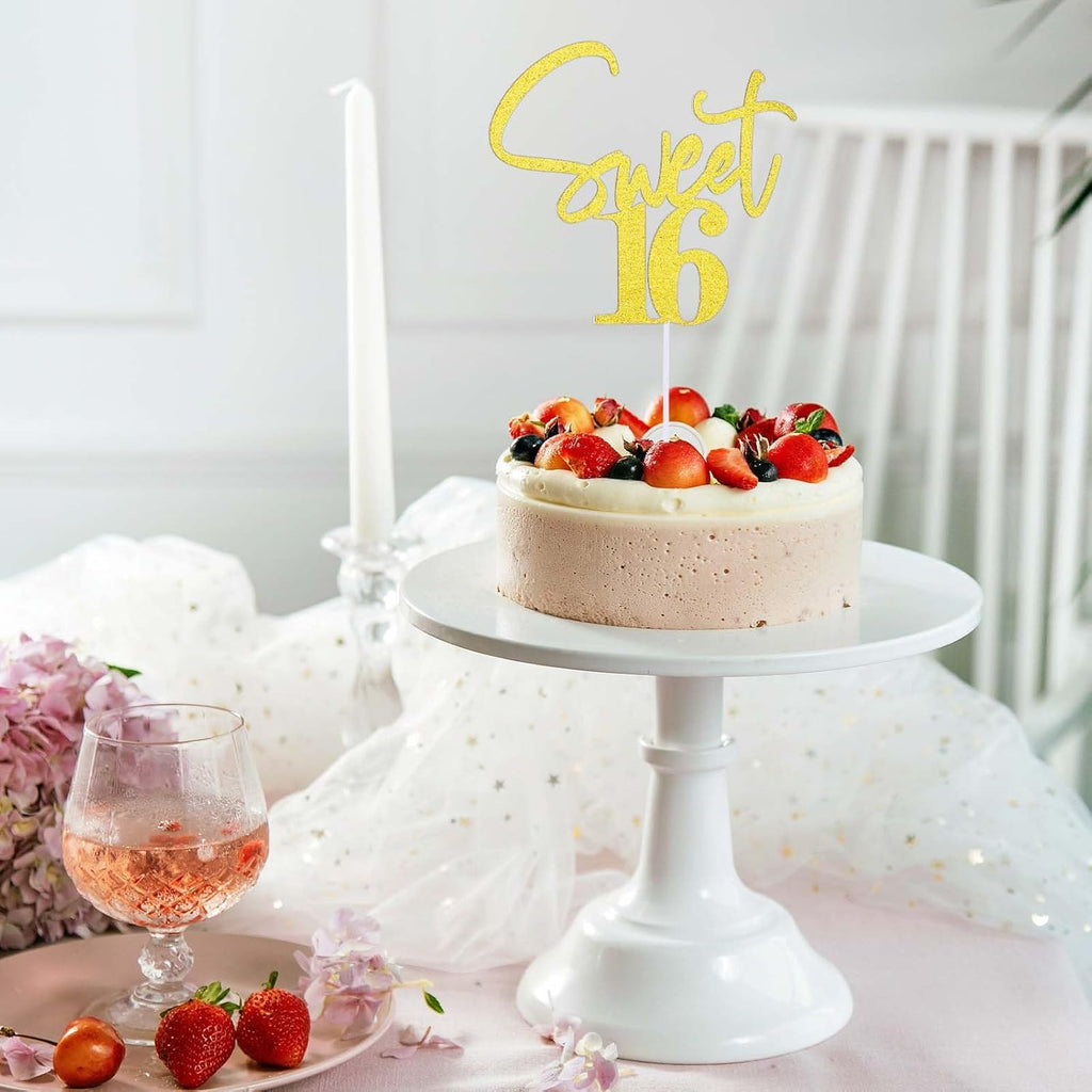 Sweet 16 Cake Topper Gold 16 Th Glitter Cake Topper 16Th Birthday Cake Topper Sweet Teenager Birthday Cake Pick, 16 Years Old Topper for Cake, Happy Sweet 16 Party Decoration Supplies