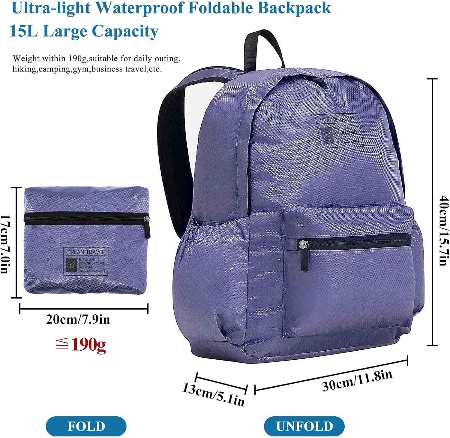 15L Packable Lightweight Backpack for Women Men Water Resistant Foldable Hiking Travel Camping Daypack (Purple)