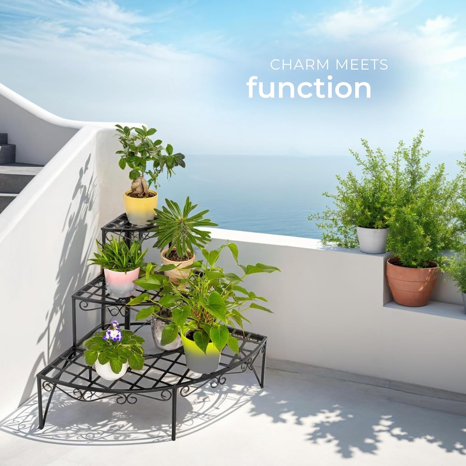 3-Tiered Plant Stand in Charming, Airy Design & Robust, Weather-Resistant Steel, 30 Kg Load Capacity, Indoor & Outdoor Use, Plant Pot Stand for Garden, Balcony, Patio, Conservatory - Black