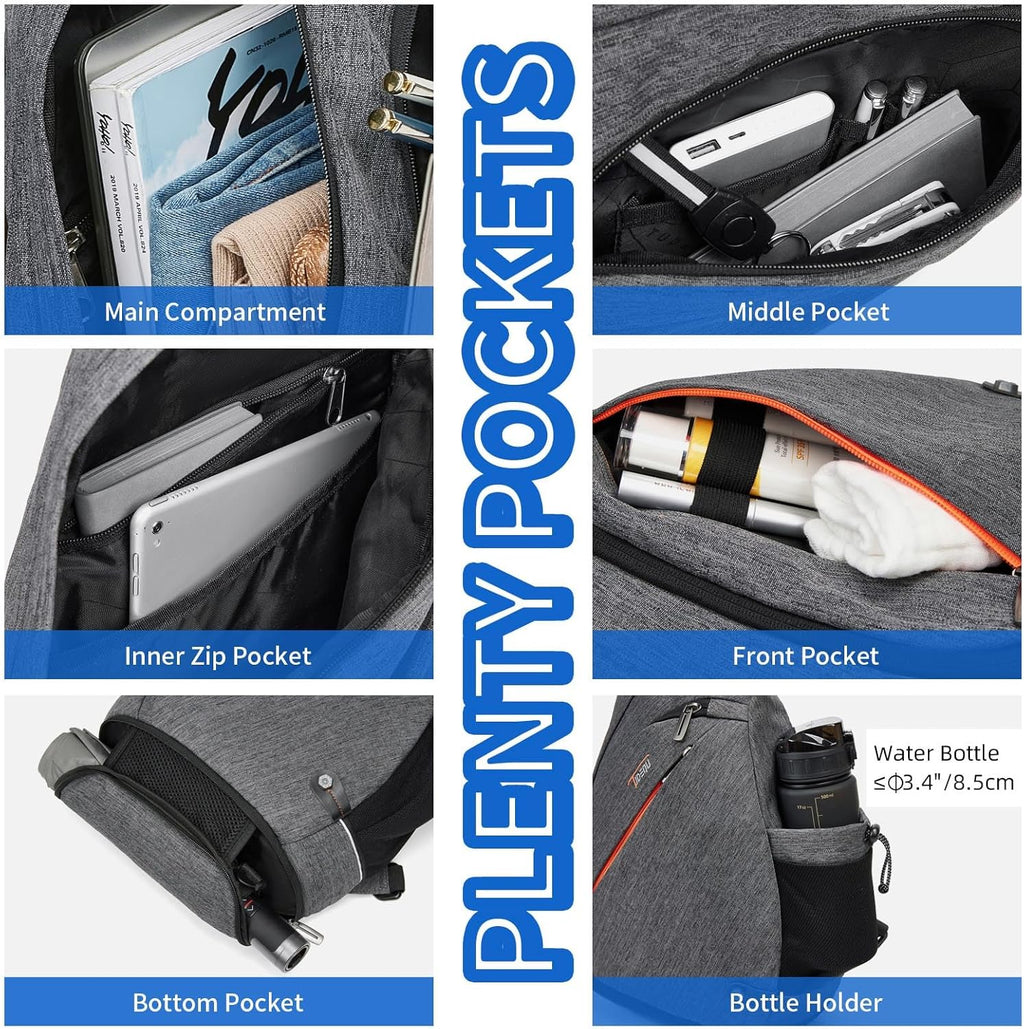 Sling Backpack, 8 Pockets Sling Bag Crossbody, 19L Large Sling Bag for Men Travel Crossbody Backpack Hiking Outdoor