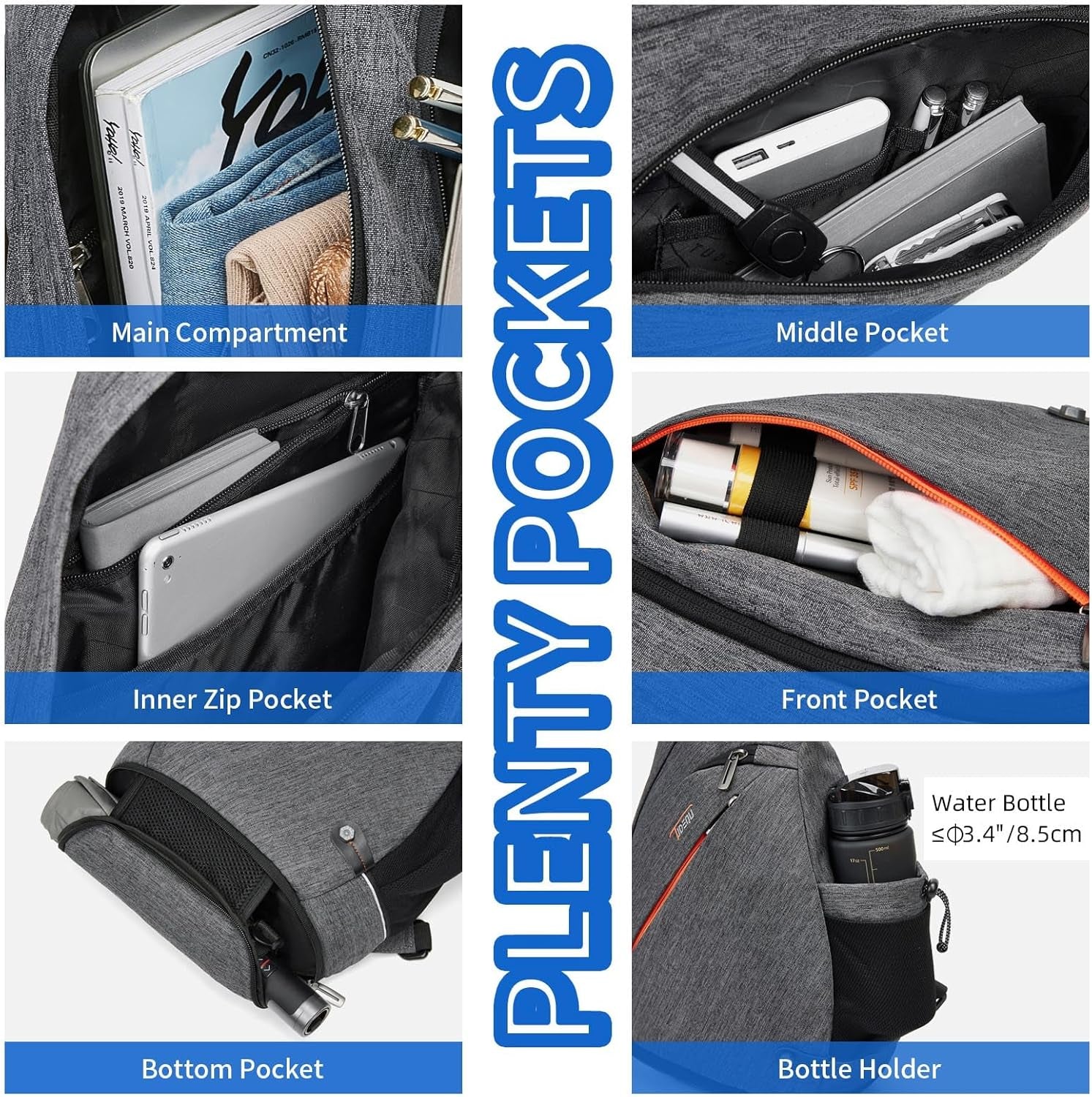 Sling Backpack, 8 Pockets Sling Bag Crossbody, 19L Large Sling Bag for Men Travel Crossbody Backpack Hiking Outdoor