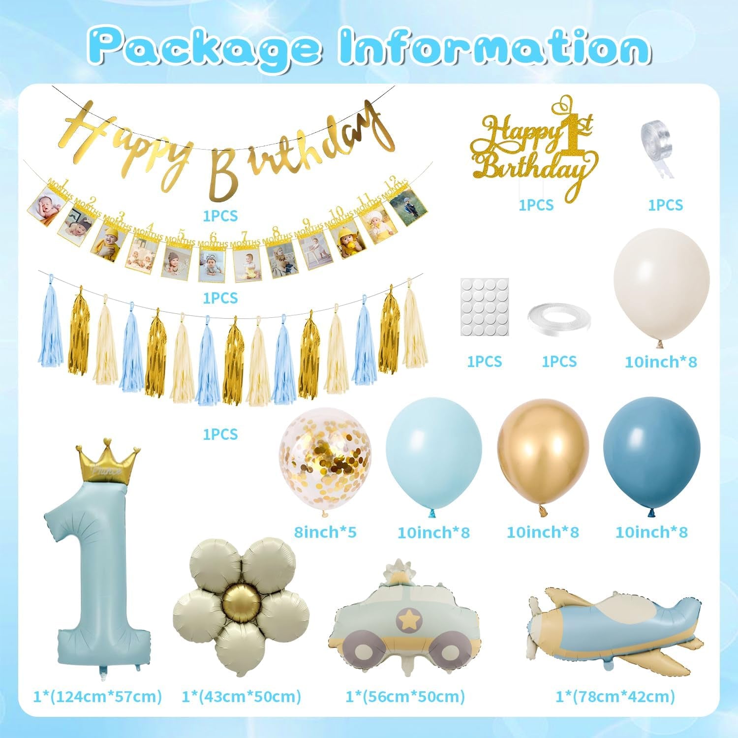1St Birthday Decorations for Boys with Photo Banner, Blue and Gold Balloons, Number 1 Cake Topper, and Car Balloons