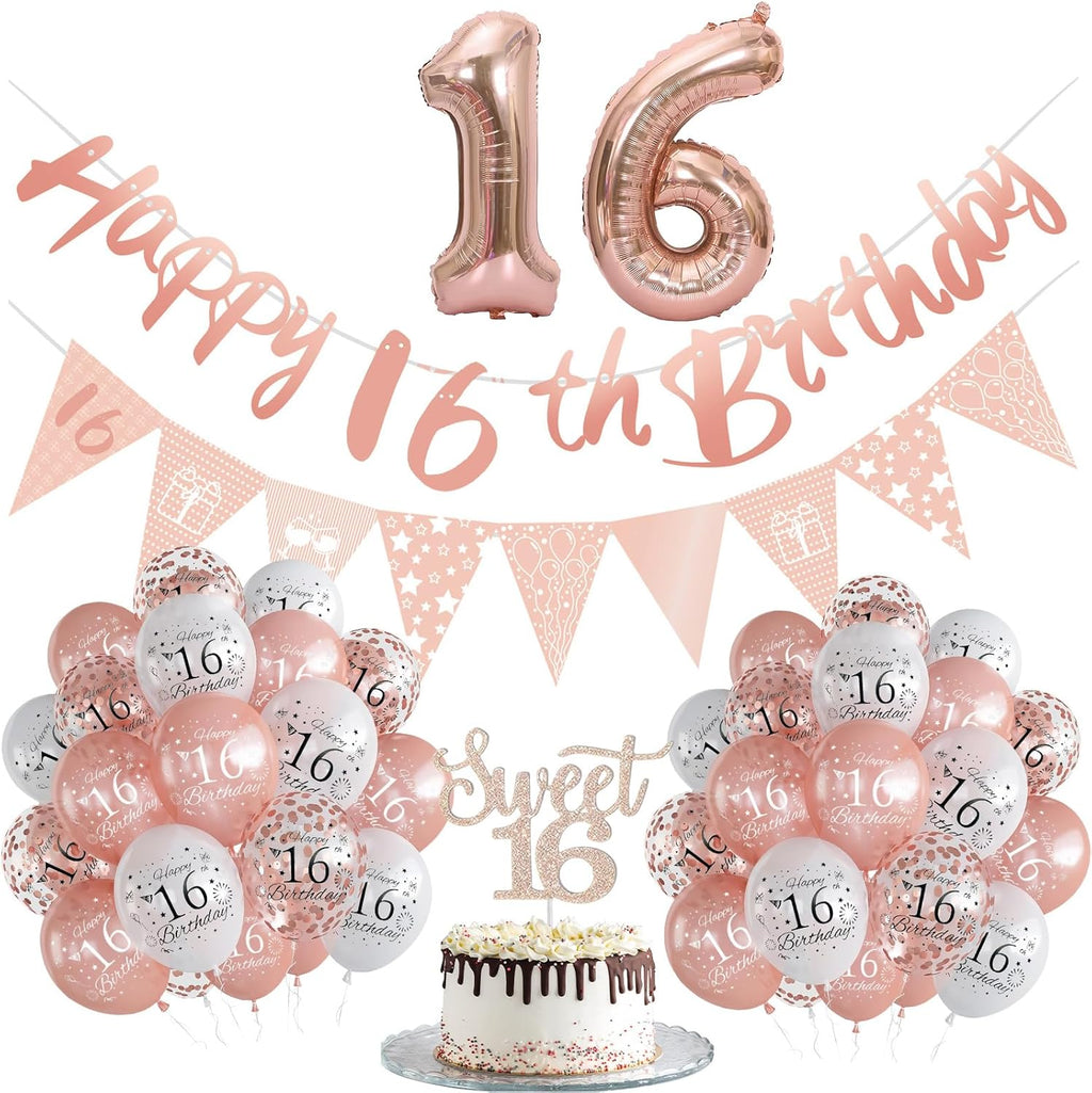Rose Gold 16Th Birthday Decorations Set - 24Pc Confetti Balloons, Banner, Foil Balloons, Cake Topper for Girls' 16Th Birthday Party
