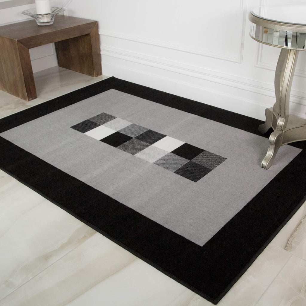 Milan Soft Simple Modern Black & Grey Monochrome Living Room Dining Room Border Area Rug - 80Cm X 150Cm