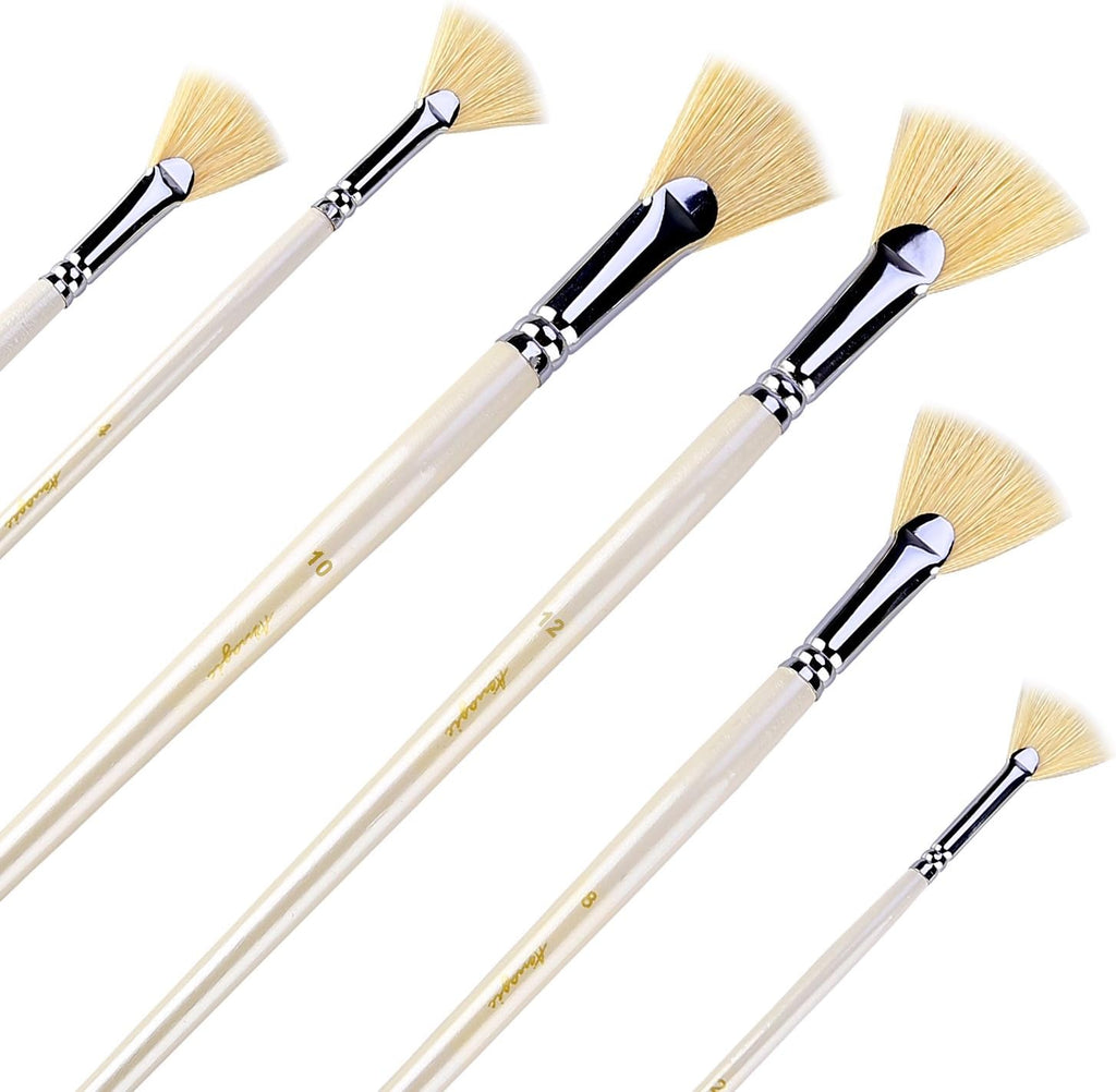 Fan Brushes -  Artist Soft Anti-Shedding Hog Bristle Paint Brush Set for Acrylic Watercolor Oil Painting (6 Pcs)
