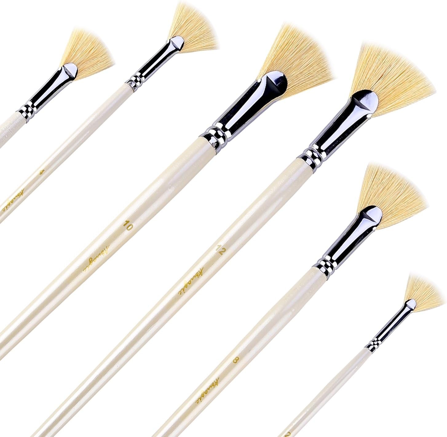 Fan Brushes -  Artist Soft Anti-Shedding Hog Bristle Paint Brush Set for Acrylic Watercolor Oil Painting (6 Pcs)