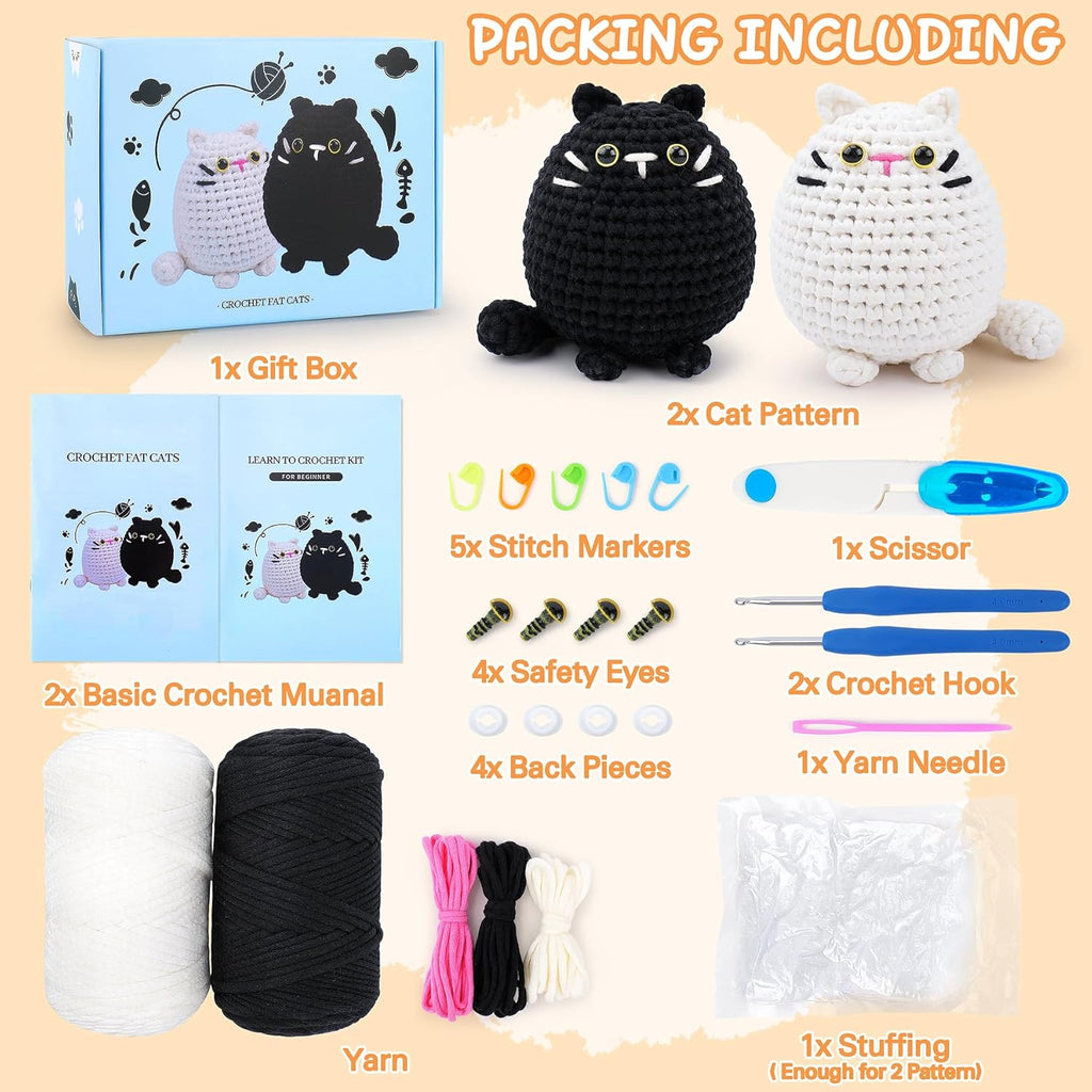 Crochet Kit for Beginners Animal Cat Crochet Kit for Adults Kids, Knitting Kits Complete Crochet Set with Step-By-Step Video Tutorials, 2Pcs Cat Crochet Animal Kit Surprise Gift