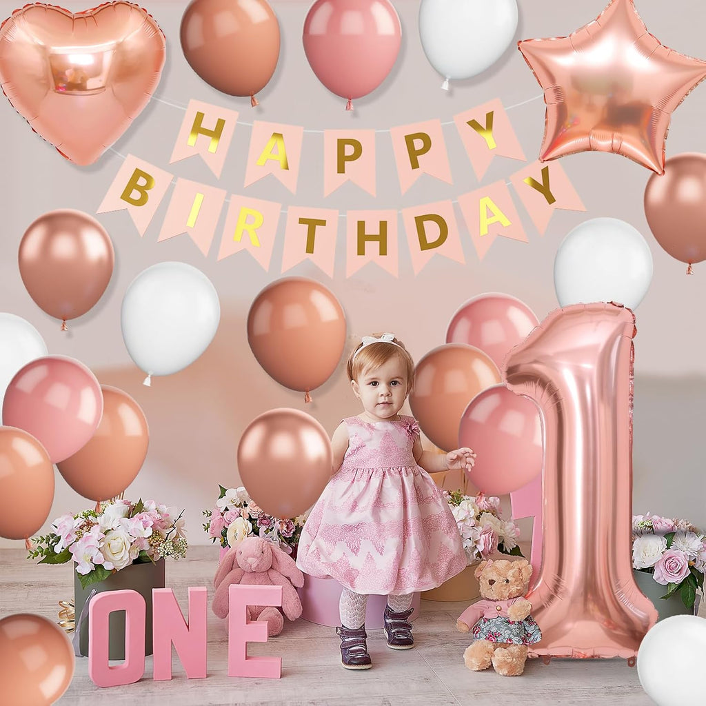 Boho St Birthday Decorations for Girls, Dusty Pink Rose Gold White Balloons with 40 Inch Number  Star Heart Foil Balloons Birthday Banner for  Year Old Groovy Anniversary Baby Shower Decor