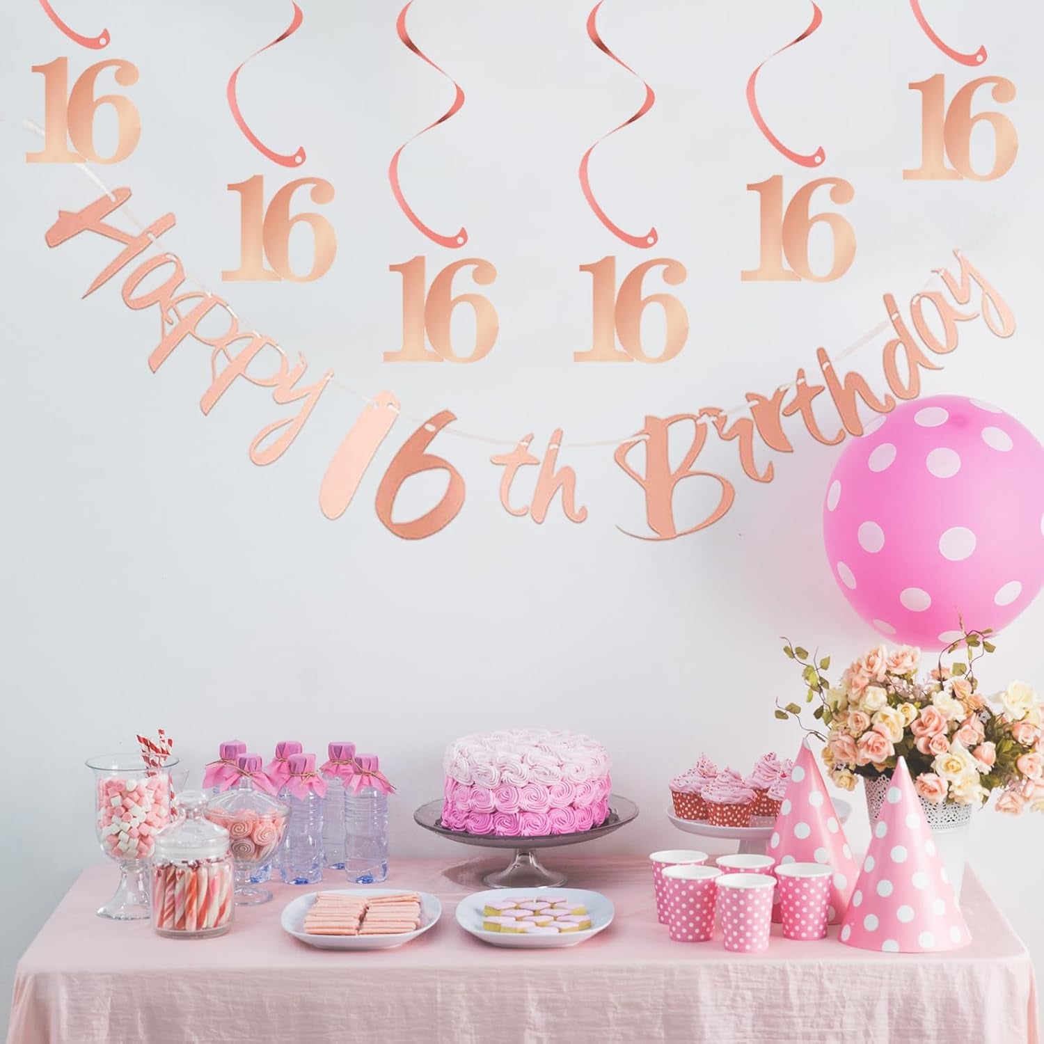 16Th Birthday Bunting Banner, Hanging Swirls Streamers, 16Th Birthday Decorations Set for Girls 16 Years Old Birthday Decorations Party Decor - Rose Gold