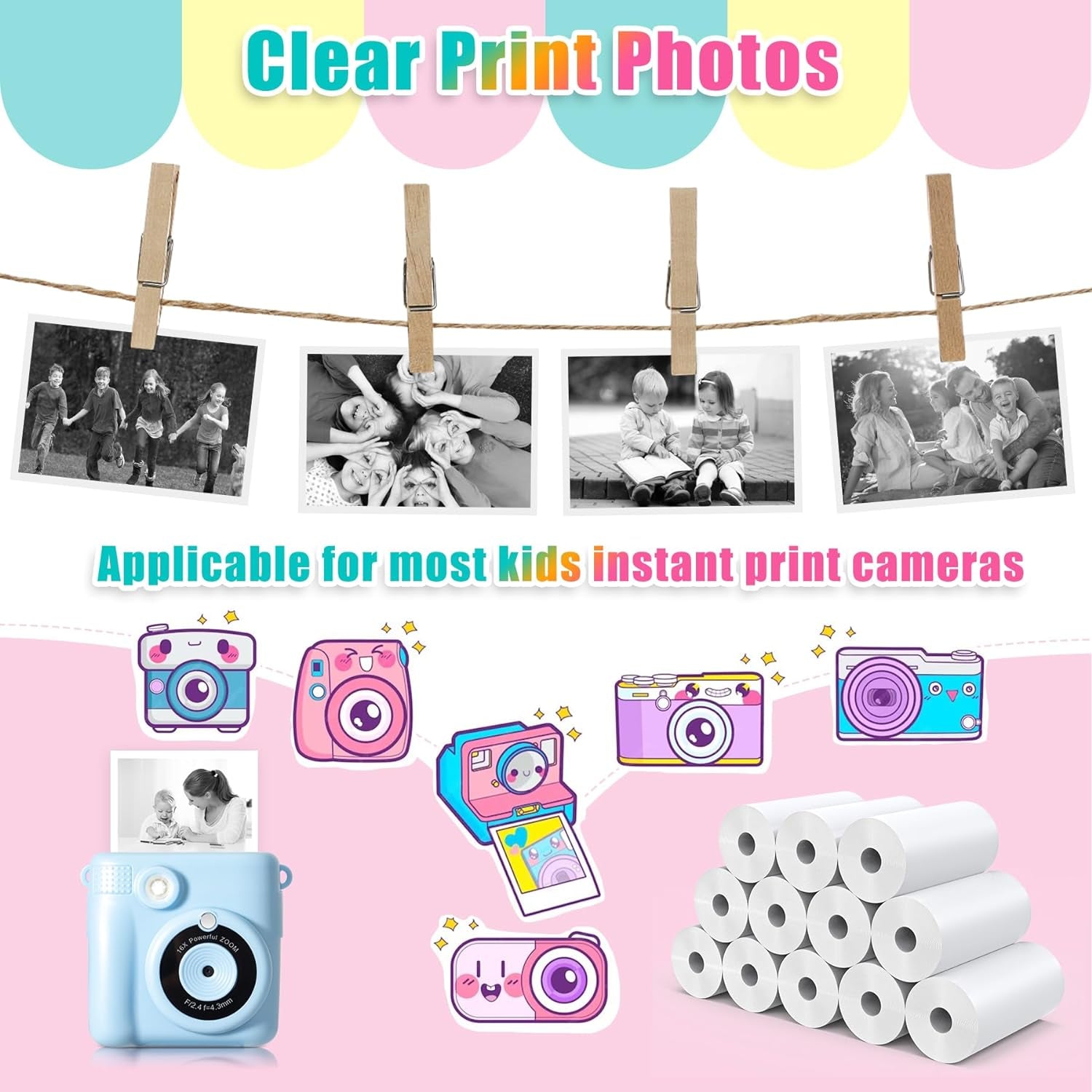 12 Rolls Kids Instant Print Camera Thermal Paper - Zero Ink Printing Paper Thermal Refill Paper Rolls for Most Kids Instant Digital Camera(White-12)