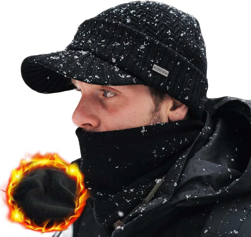 Men'S Winter Wool Peaked Beanie Hat and Ski Snood Set, Wool Visor Beanie Hat with Fleece Neck Warmer Set - Stay Warm and Stylish