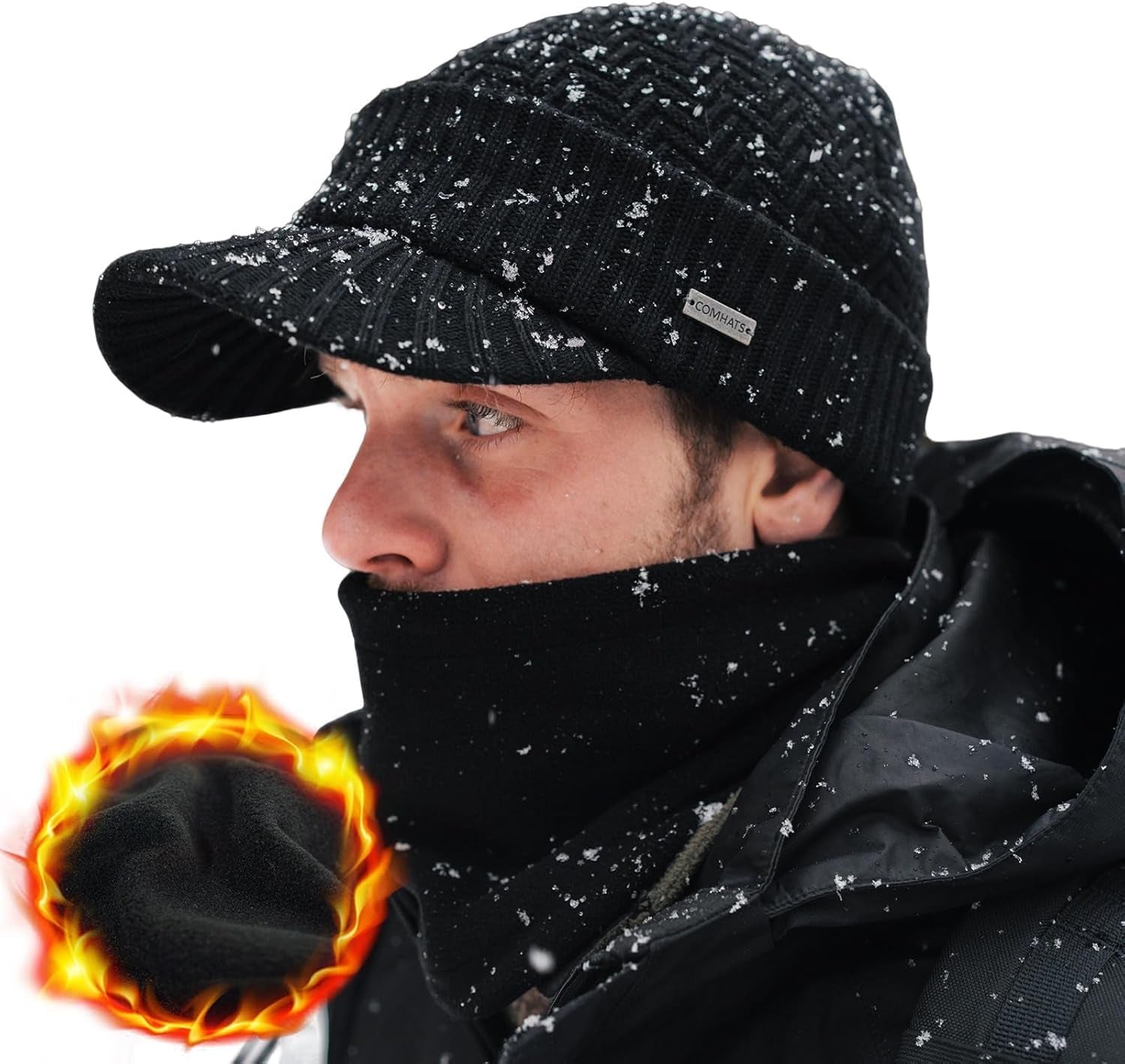 Men'S Winter Wool Peaked Beanie Hat and Ski Snood Set, Wool Visor Beanie Hat with Fleece Neck Warmer Set - Stay Warm and Stylish