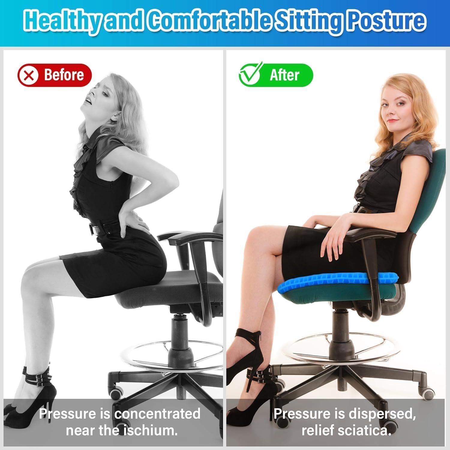1.18Inch Thick Soft Sitter Cushion Gel Seat Breathable Sciatica Pain Cushion for Long Sitting Home Office Car，Cushions for Sitting Pressure Sore Cool Honeycomb Cushion for Pressure Relief