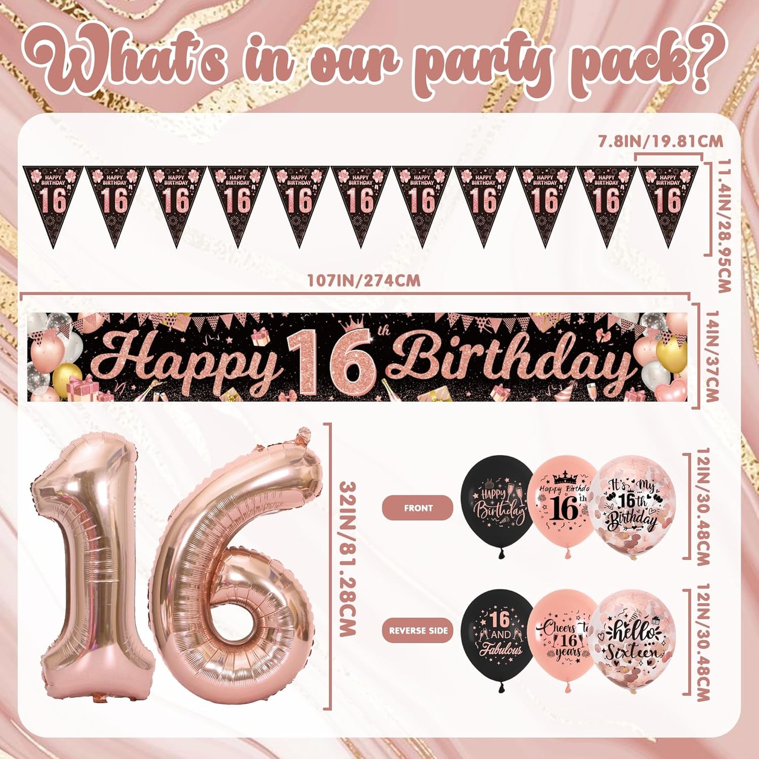16Th Birthday Decorations for Girls - Rose Gold 16Th Birthday Decorations Includes 16Th Birthday Banner, Latex Balloons, Pennants, Number Balloons, for Indoor and Outdoor 16Th Birthday Party