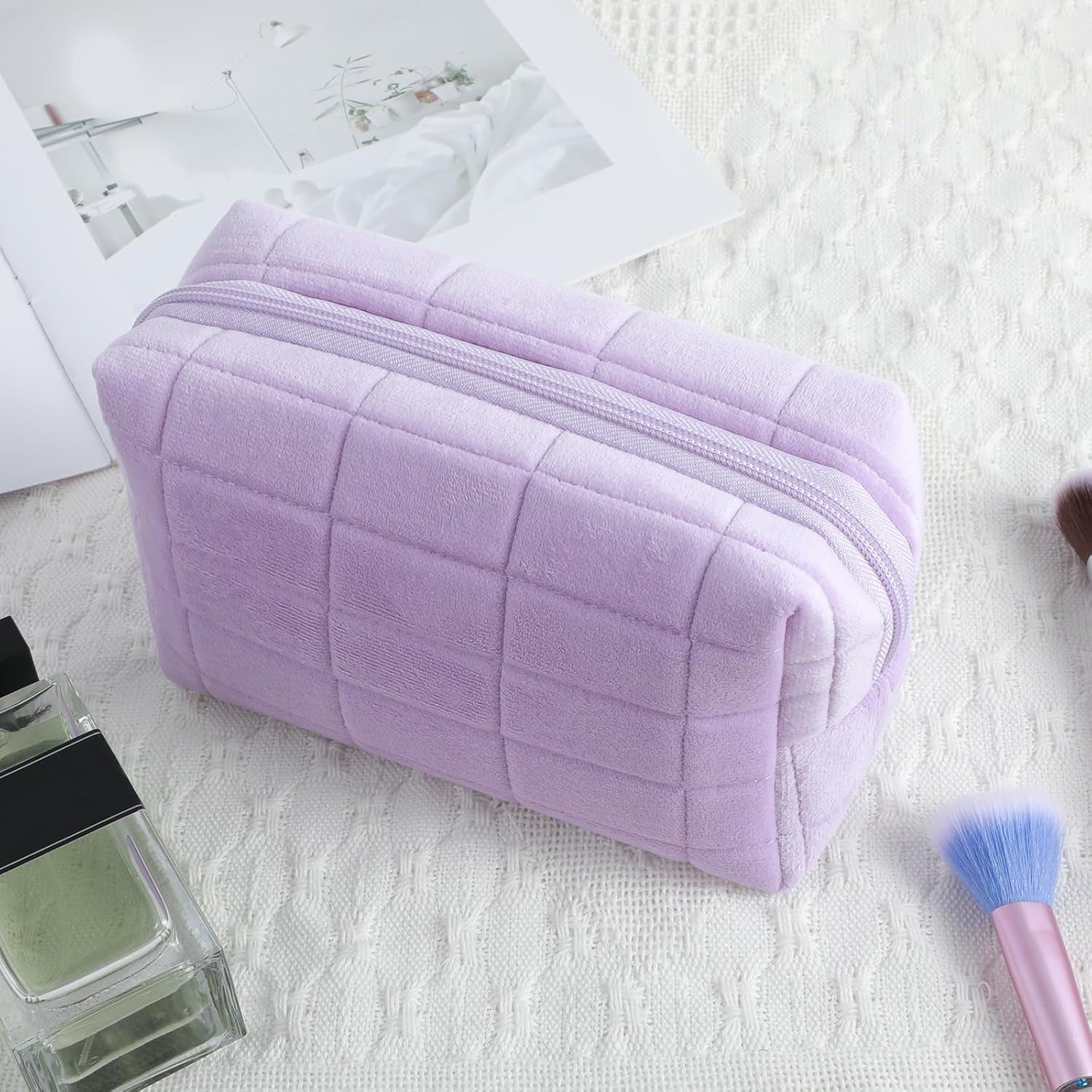 Makeup Bag Soft Pouch Pencil Case Aesthetic Cosmetic Pouch Bathroom Shower Fuzzy Plush Toiletry Organizer Make up Organize Accessories Travel Bag Y2K Purse Containers Women (Purple)