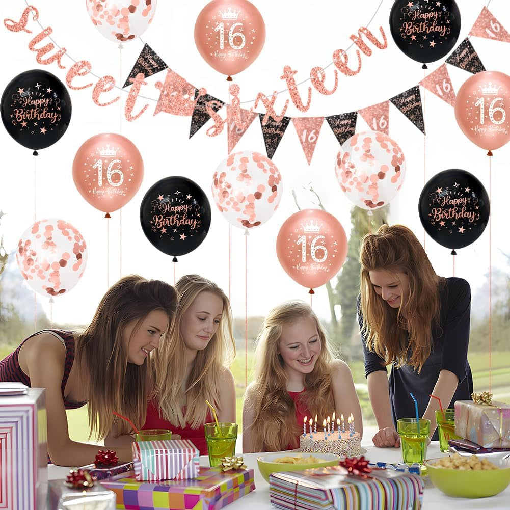 16Th Birthday Girls Decorations - Black Rose Gold Happy 16Th Banner & Bunting Kit