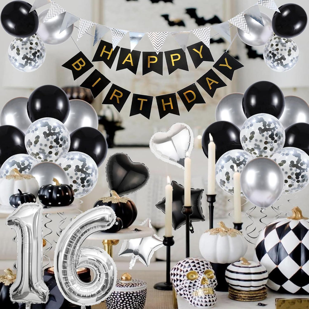 16Th Birthday Decorations for Boys Black and Silver Birthday Decorations Include Pennants, Banners, Love Balloon, Star Balloon, Number Foil Balloons, Latex Balloons, Ribbon, Suitable for 16Th Party