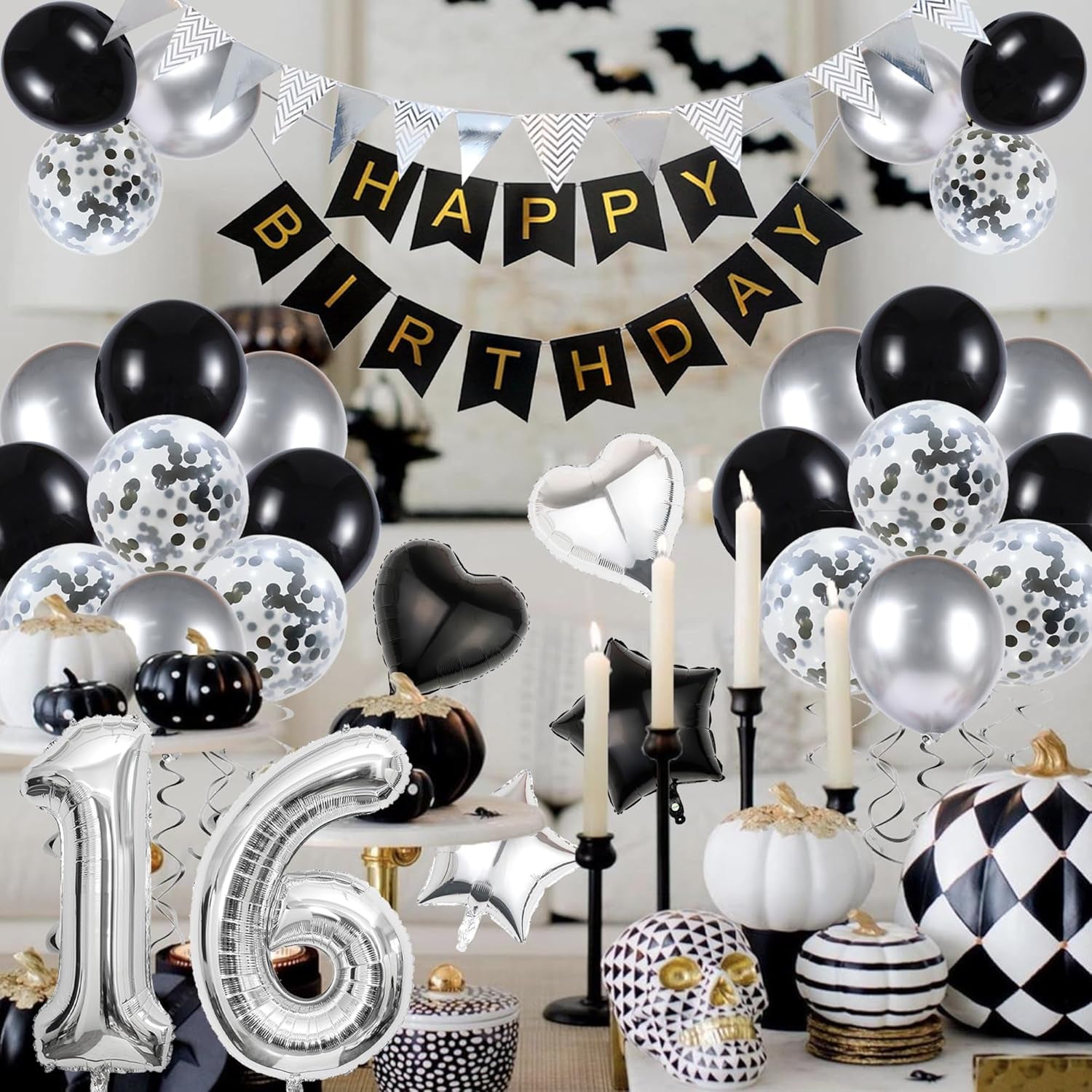 16Th Birthday Decorations for Boys Black and Silver Birthday Decorations Include Pennants, Banners, Love Balloon, Star Balloon, Number Foil Balloons, Latex Balloons, Ribbon, Suitable for 16Th Party