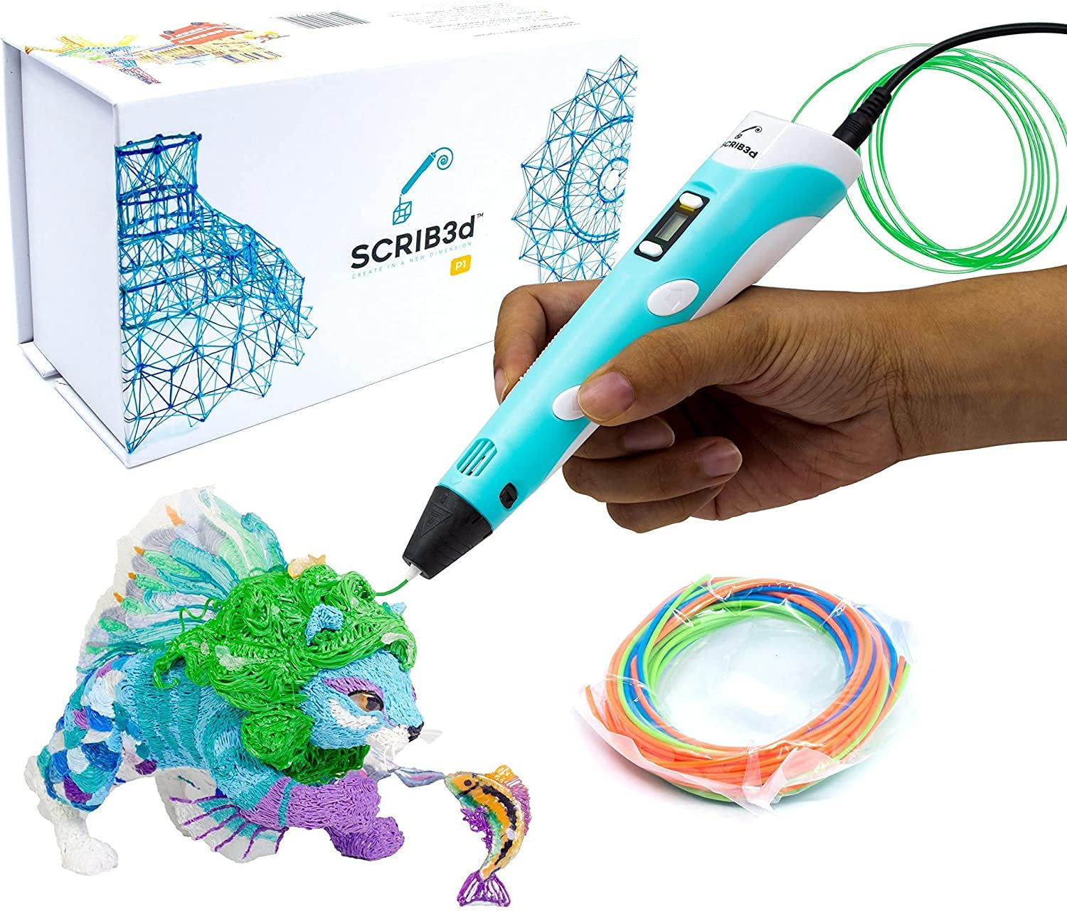 P1 3D Printing Pen with Display - Includes 3D Pen, 3 Starter Colors of PLA Filament, Stencil Book + Project Guide, and Charger