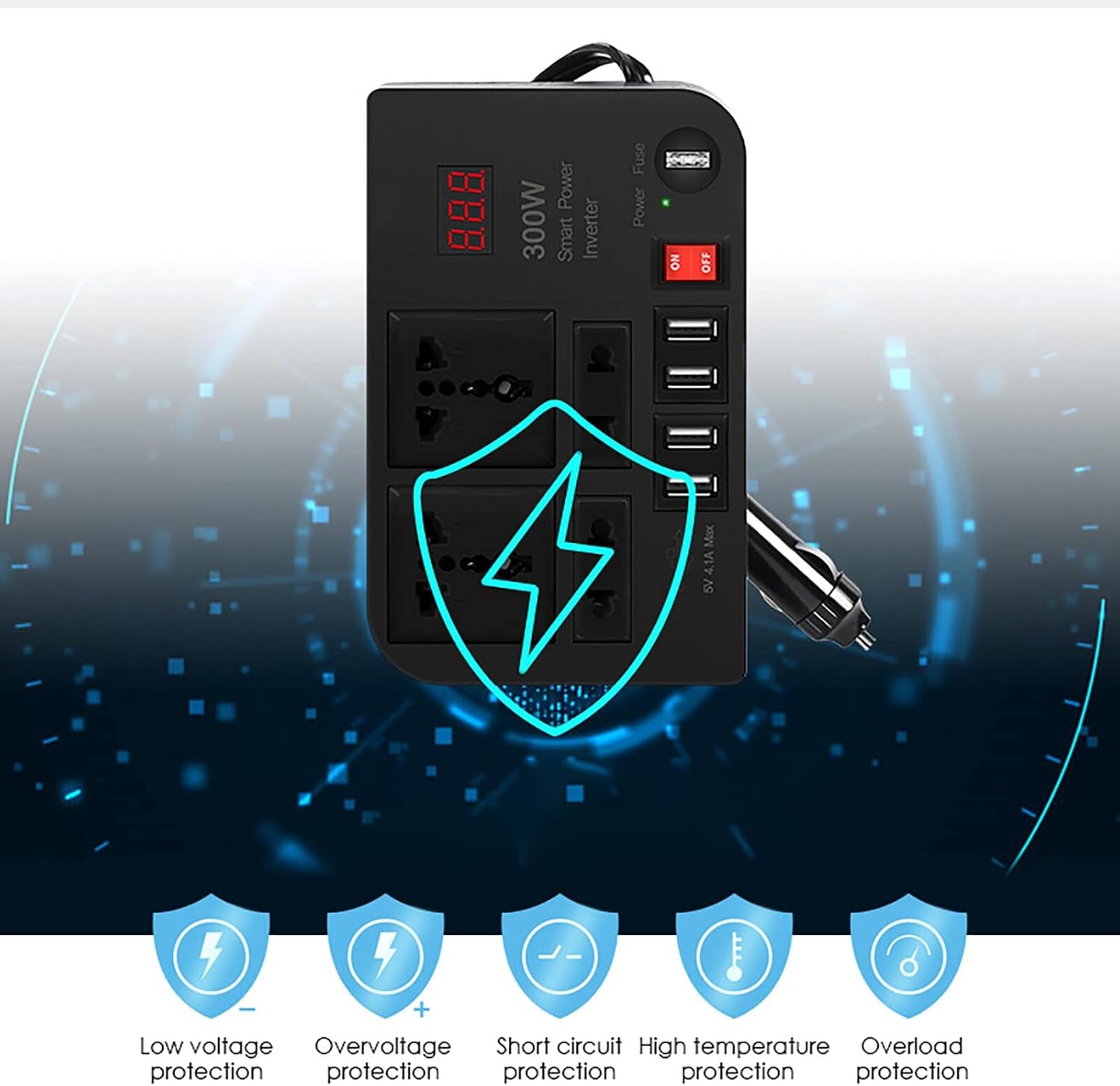 300W Car Power Inverter,Dc 12V to AC 220V Car Power Inverter with 4 AC Outlets 4 USB Ports