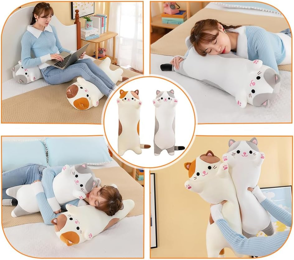 Long Cat Plush Pillows, Cute Cat Stuffed Animal Kitten Soft Huggable Cat Plush Toys Pillow for Kids and Adults, 1Pcs, 70Cm/ New Beige