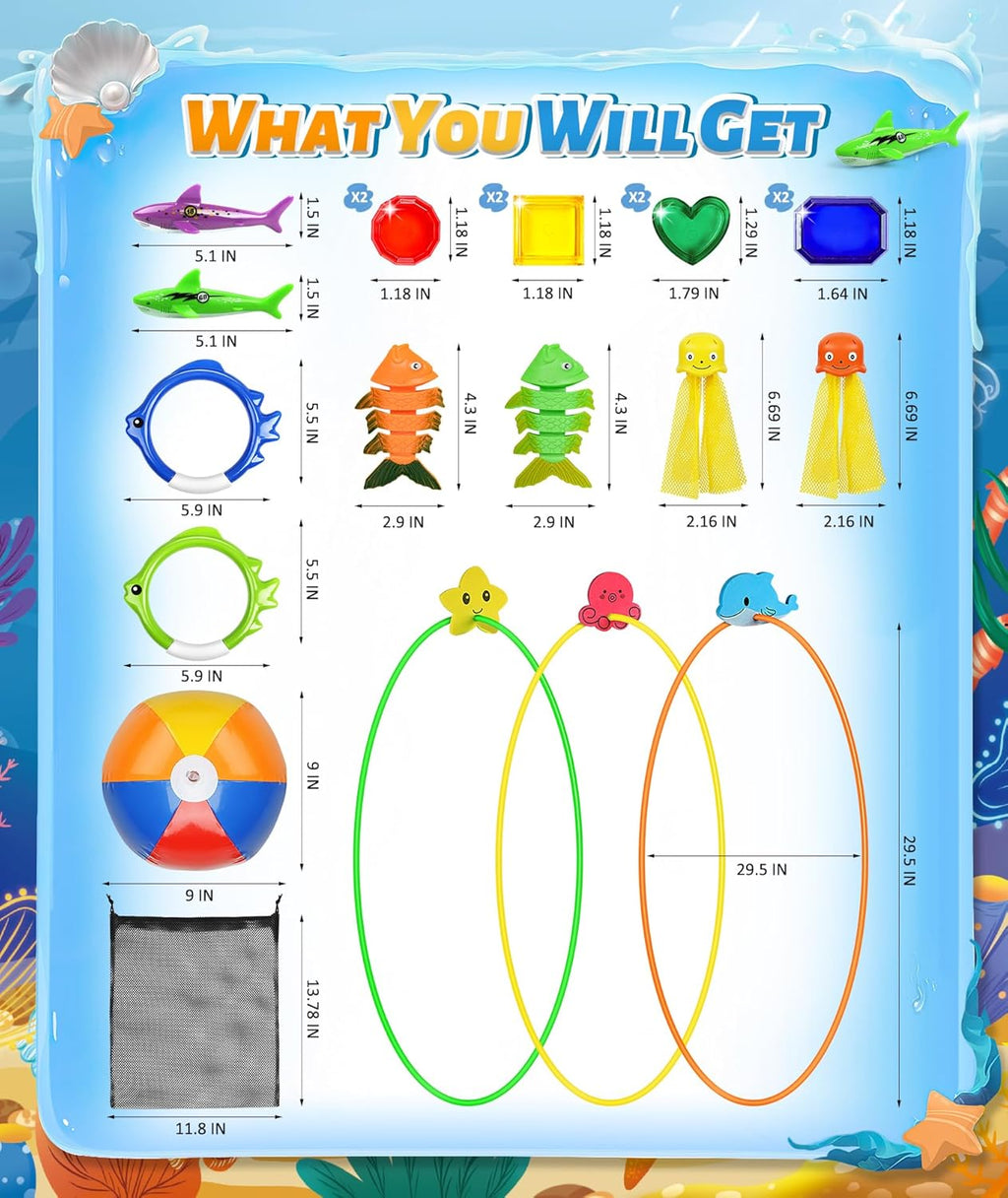 Diving Pool Swim Toys for Kids, Diving Swim Thru Rings for Toddlers Adults Pool Swim Games, Beach Pool Ball Diving Gems Octopus Pool Torpedo Shark Fish, Diving Hoops Toys Bulk Set with Mesh Bag