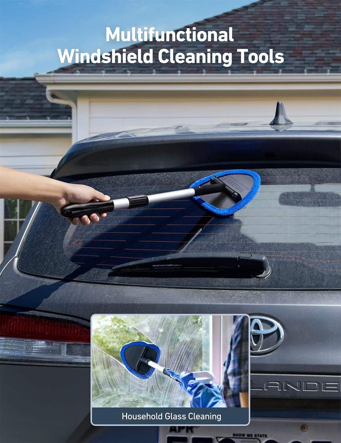 Car Windscreen Cleaner, Car Window Cleaner with 4 Reusable and Washable Microfiber Pads, Windshield Cleaning Tool with Detachable Handle Auto inside Glass Wiper Kit, Blue