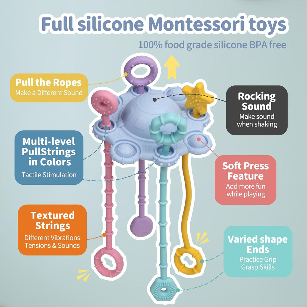 Montesorri-Toys - Pull String Toys for Baby - Made of 100% Food Grade Silicone with Built-In Rattle Function and Easy to Clean Design (Blue)