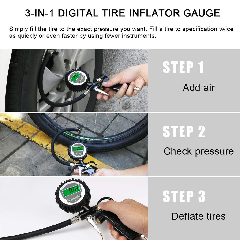 Tyre Pressure Gauge, Digital Tyre Inflator with Pressure Gauge 200 PSI Digital LCD Display, Valve Air Chuck and 90 Degree Valve Extender for Heavy Duty Car Motorcycle Bicycle