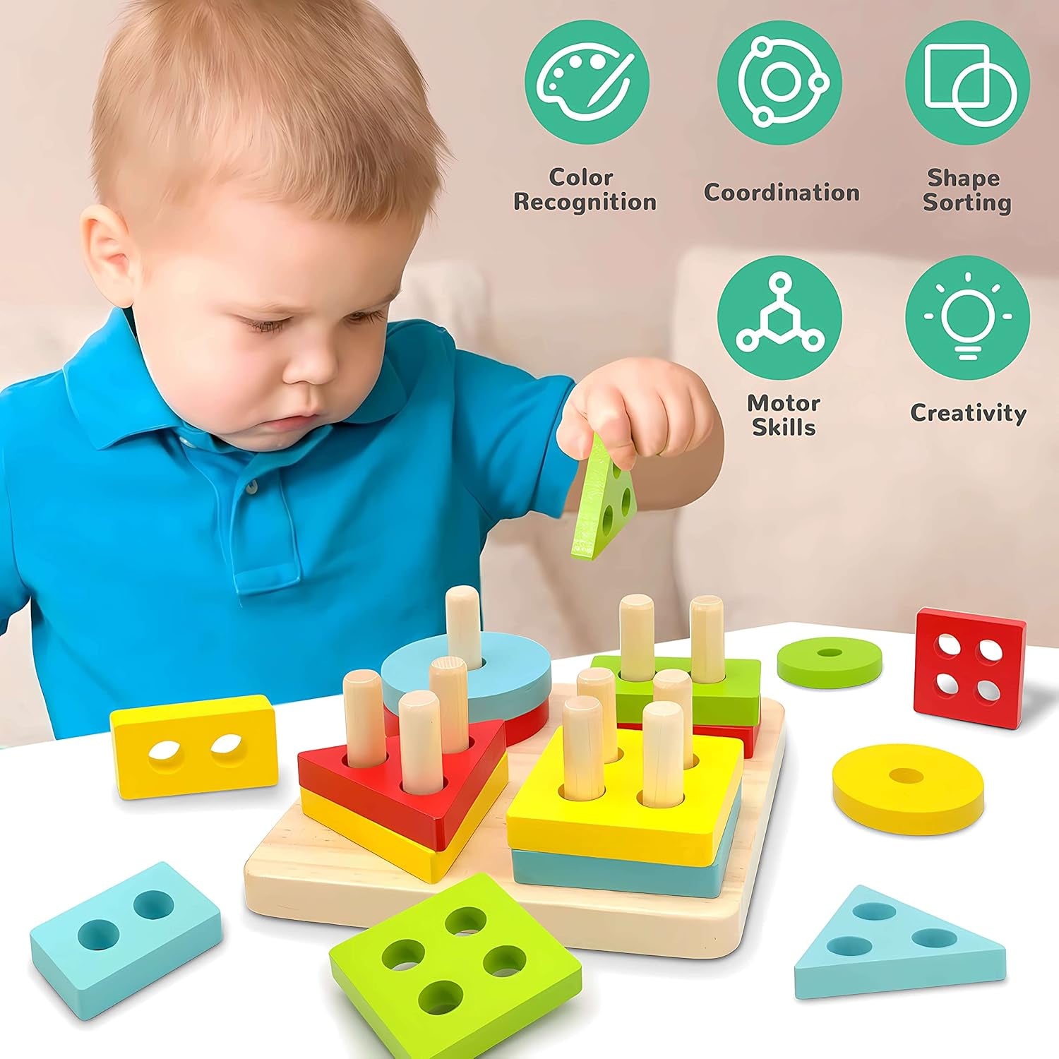 Montessori Toys for 1 2 3 Year Old Boys Girls Gifts, Wooden Sorting and Stacking Toys for Toddlers 1-3, Educational Learning Toys for Preschool Kids, Color Recognition Shape Sorter Puzzles for Baby