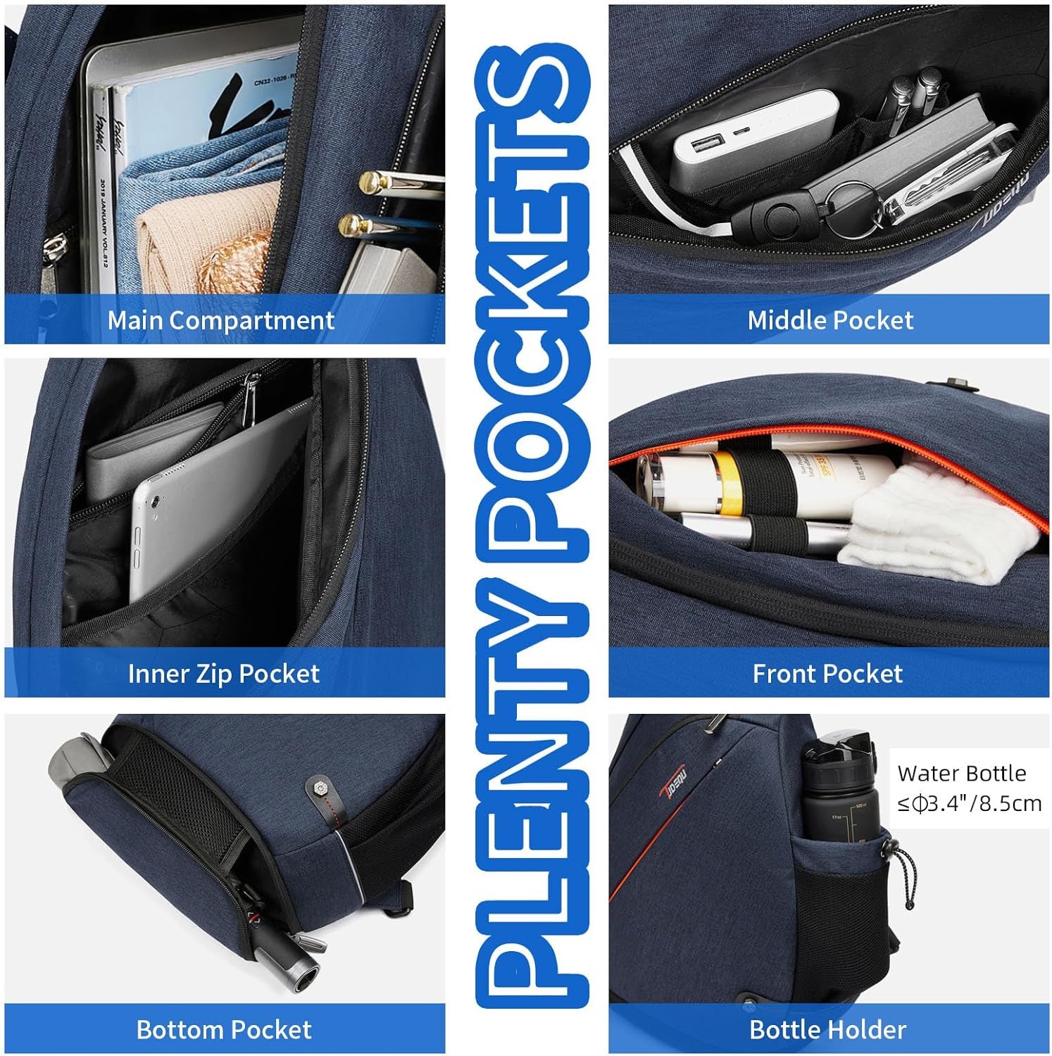 Sling Backpack, 8 Pockets Sling Bag Crossbody, 19L Large Sling Bag for Men Travel Crossbody Backpack Hiking Outdoor